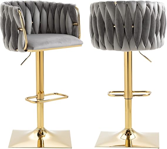 Velvet Swivel Bar Stool Set of 2 with Hand Woven Backrest