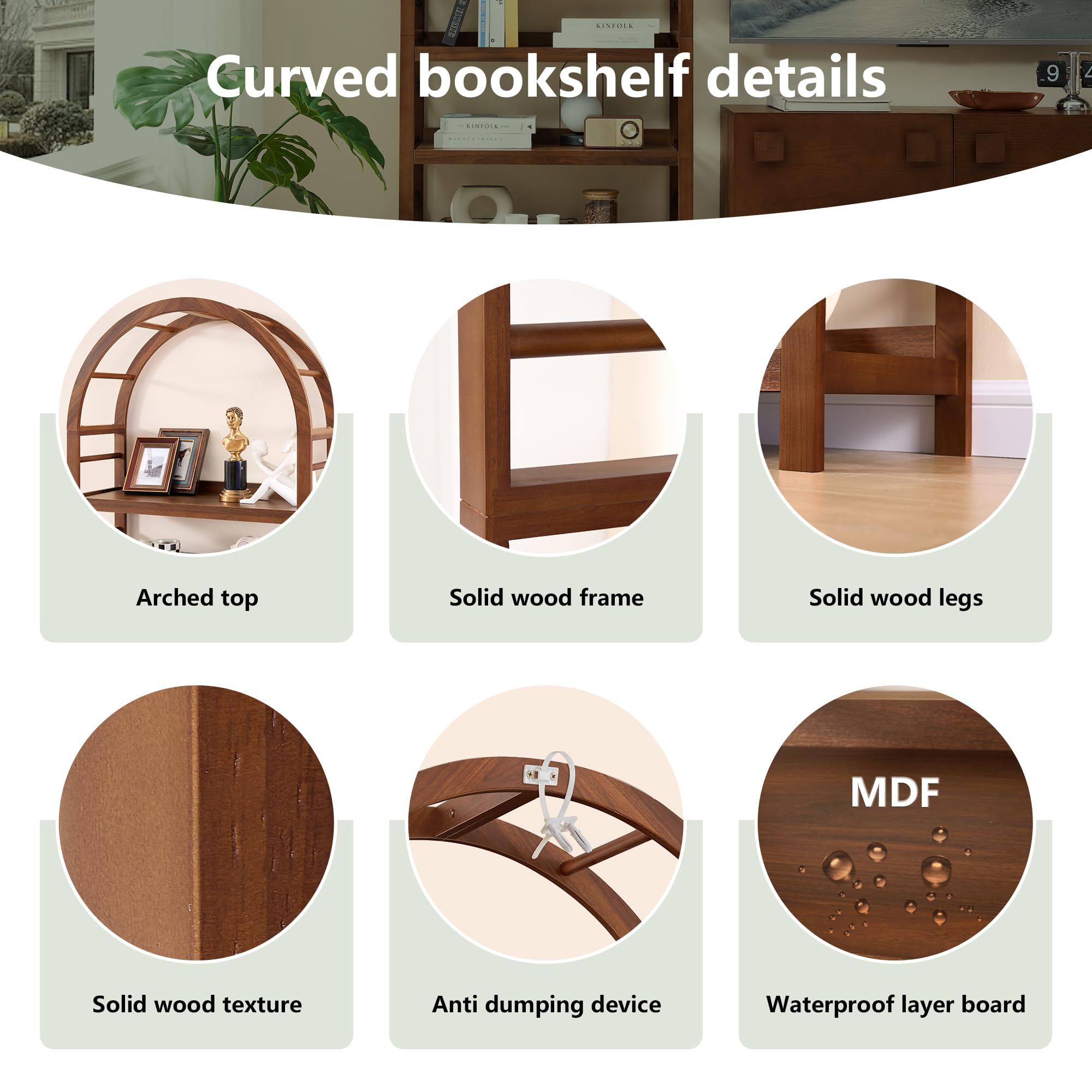 5-Tier Arched Bookshelf with Solid Wood Frame