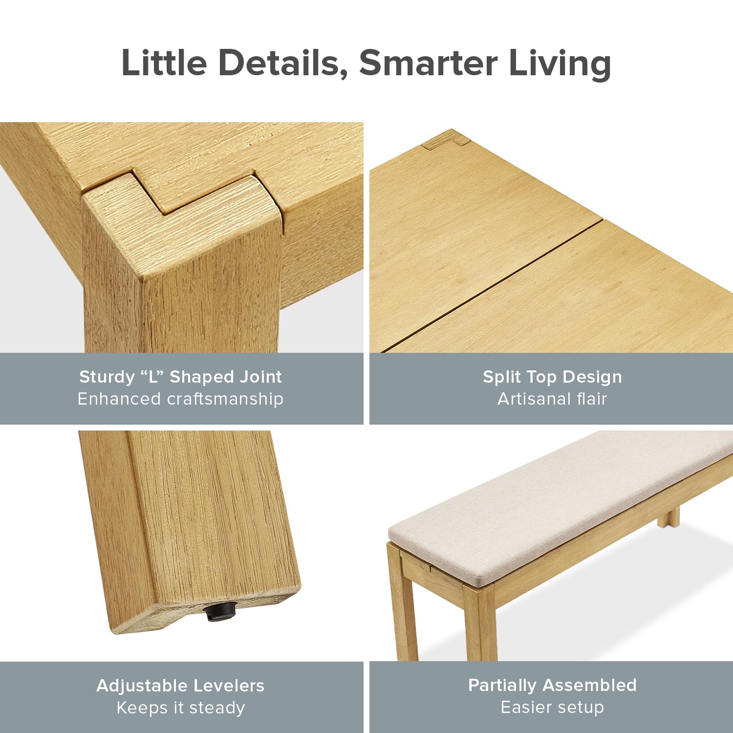 Logan Upholstered Beige Dining Bench - Modern Farmhouse Solid Wood