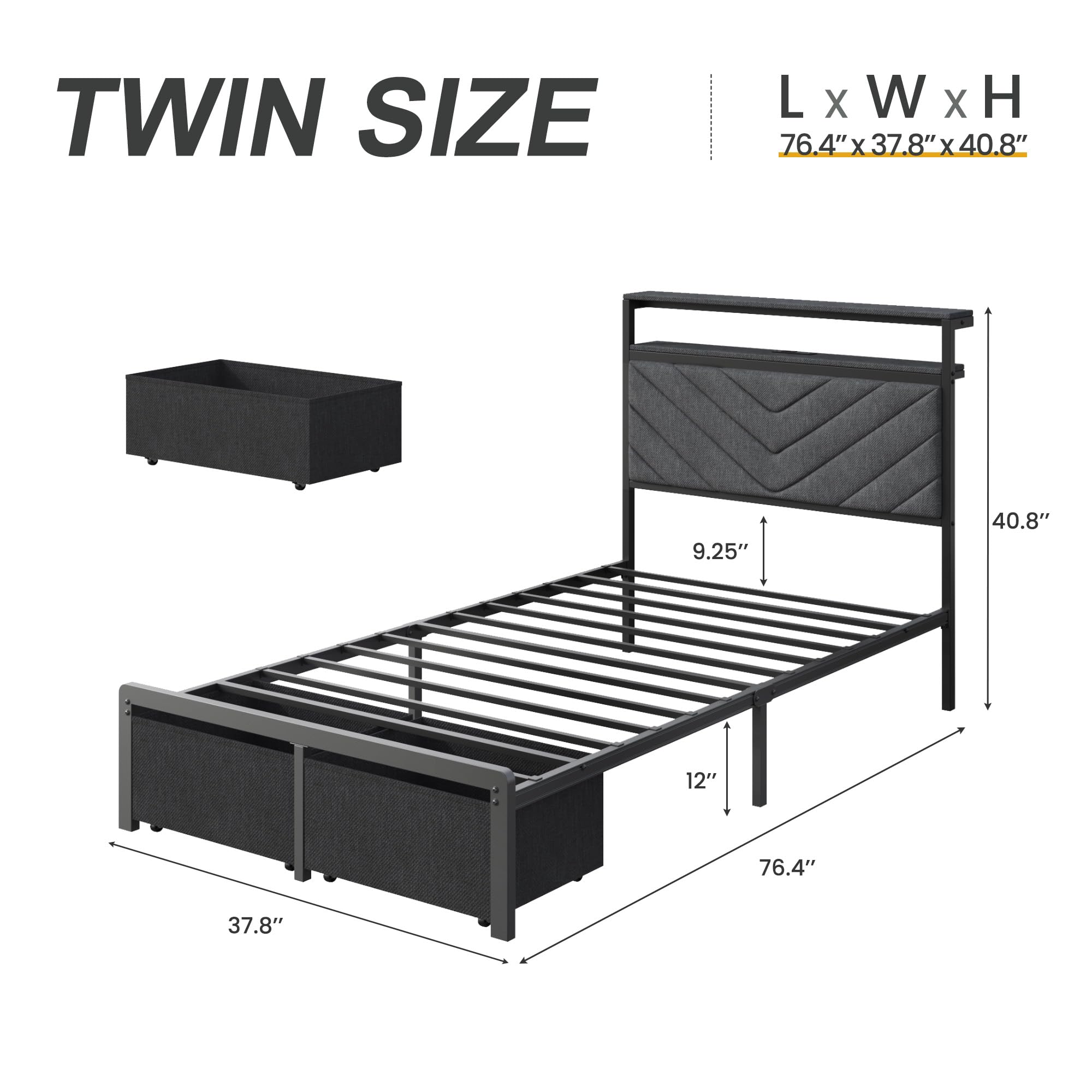 Twin Bed Frame with Charging Station and LED Lights