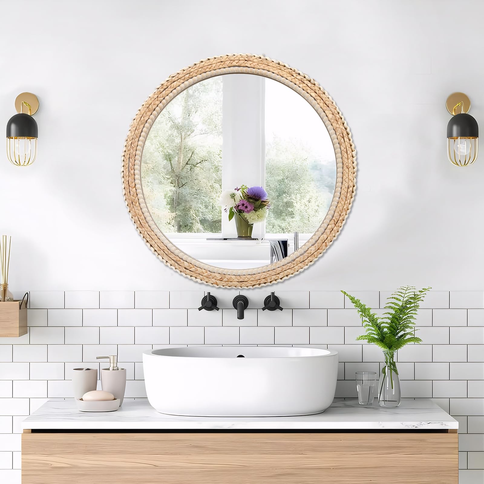 24" Rattan Wood Round Mirror