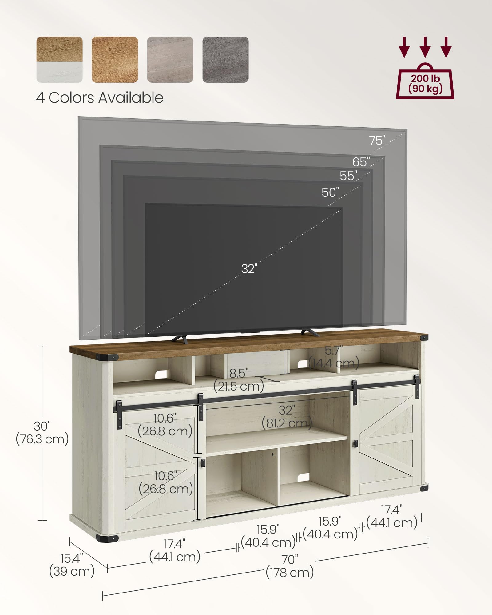Farmhouse TV Stand with Sliding Barn Doors for 75 Inch TVs