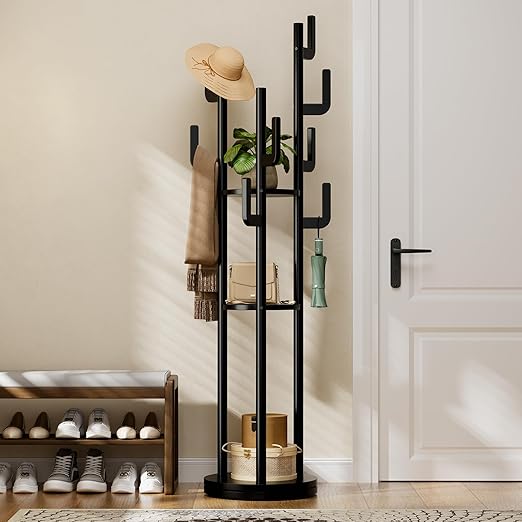 Rotary Coat Rack Freestanding with 9 Hooks & 3 Shelves