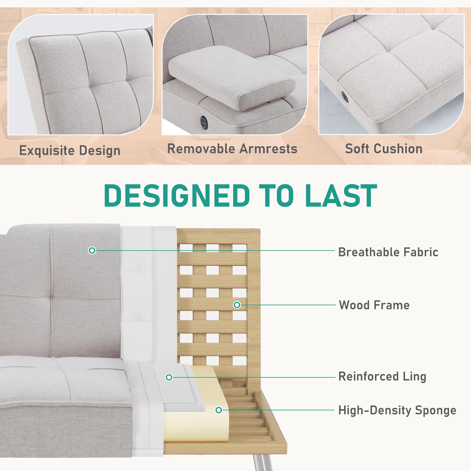 Convertible Futon Sofa Bed with USB Charging Port