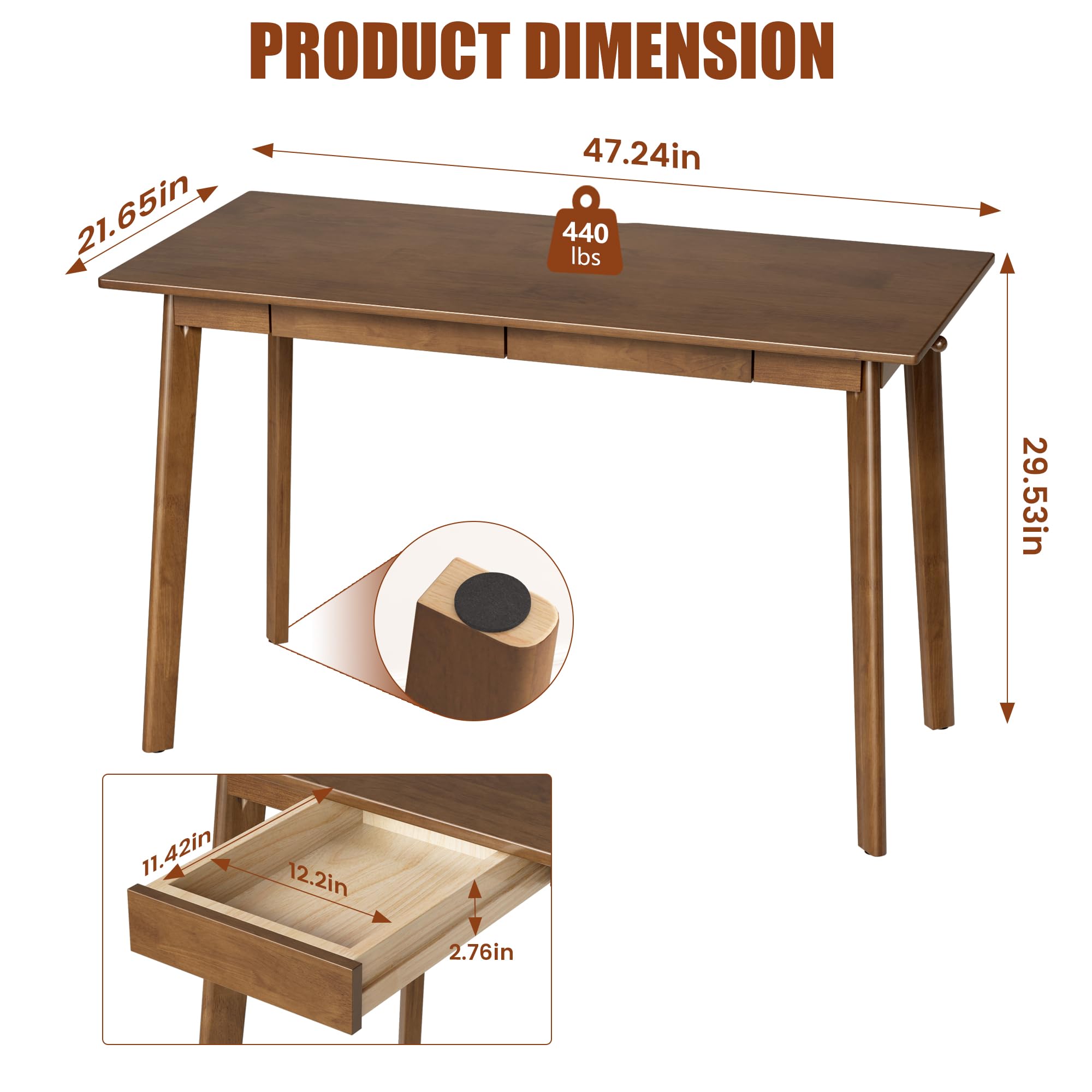 48-Inch Solid Wood Desk with Drawers and Hooks