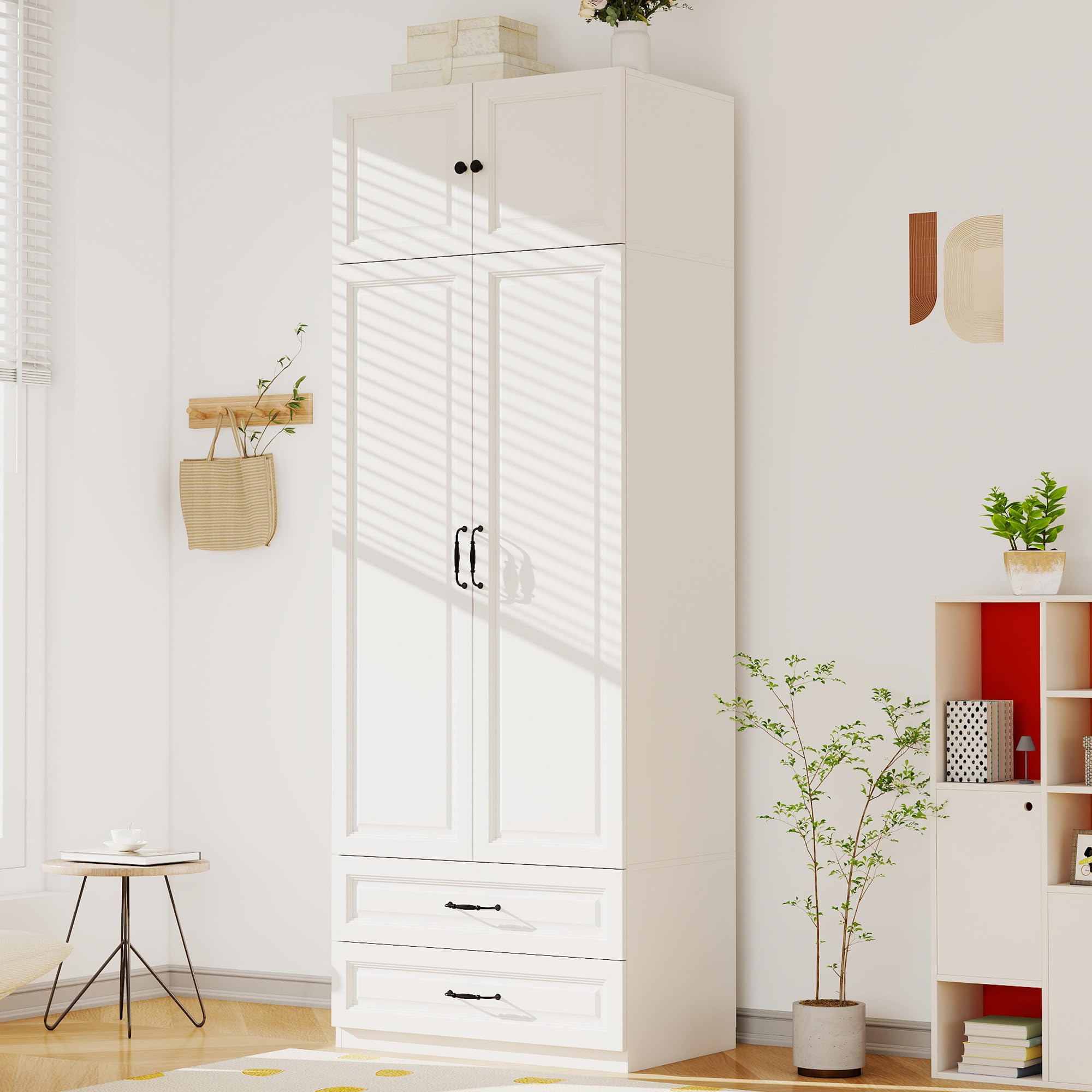 White Armoire Wardrobe Closet with Drawers and Hanging Rod