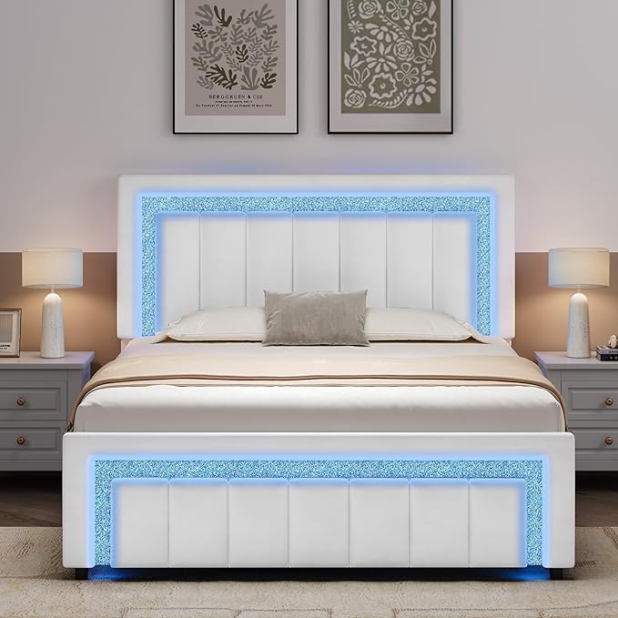 Queen LED Bed Frame with Diamond Tufted Headboard