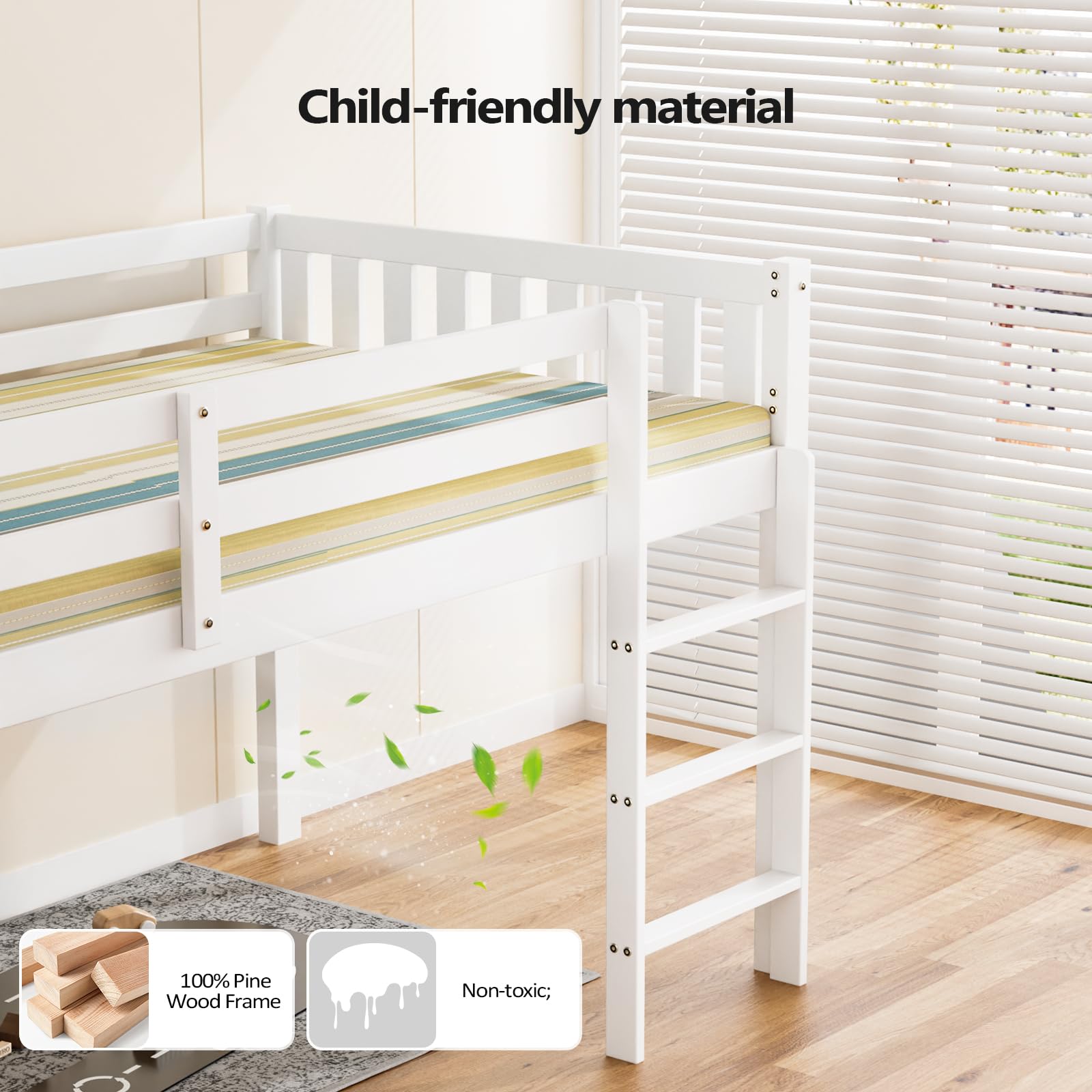 Twin Loft Bed Frame with Guardrail and Ladder