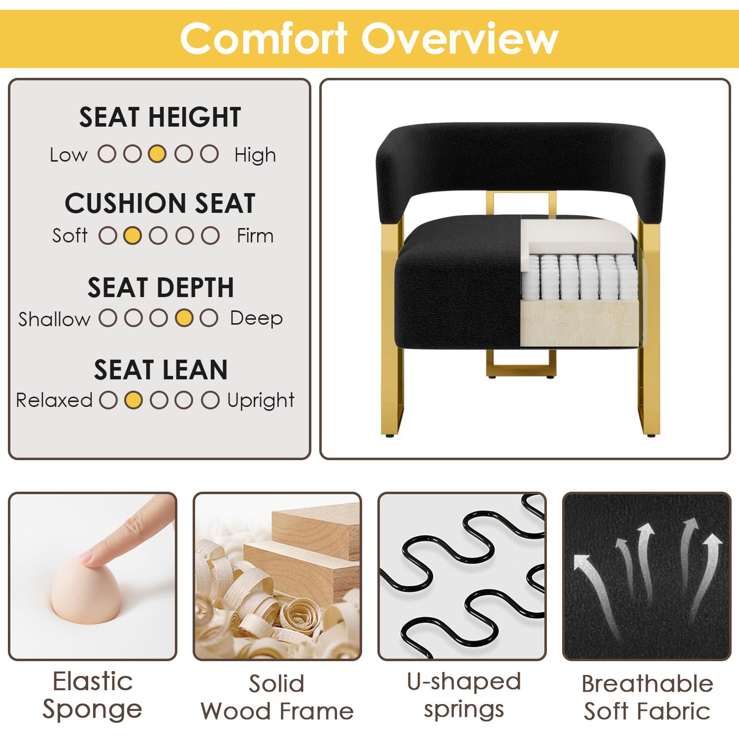 Modern Black and Gold Boucle Bucket Accent Chair Set of 2