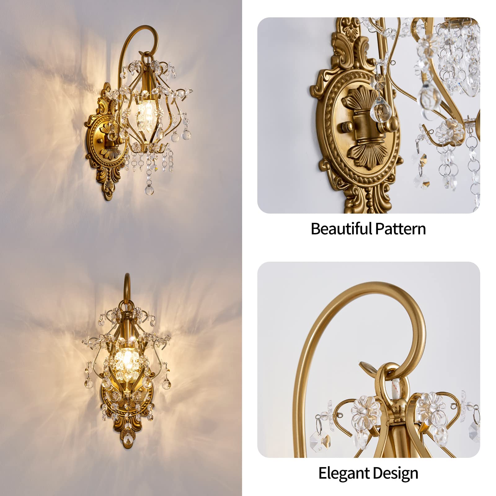 Gold Crystal Vintage Wall Sconces Set of 2