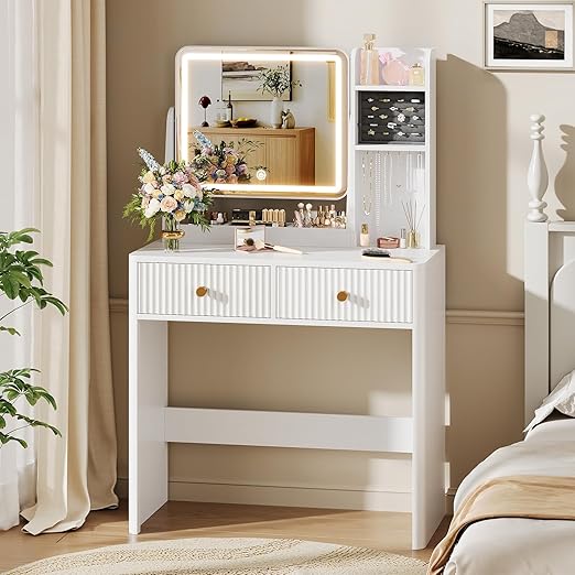 Fluted Vanity Desk with Mirror and Lights