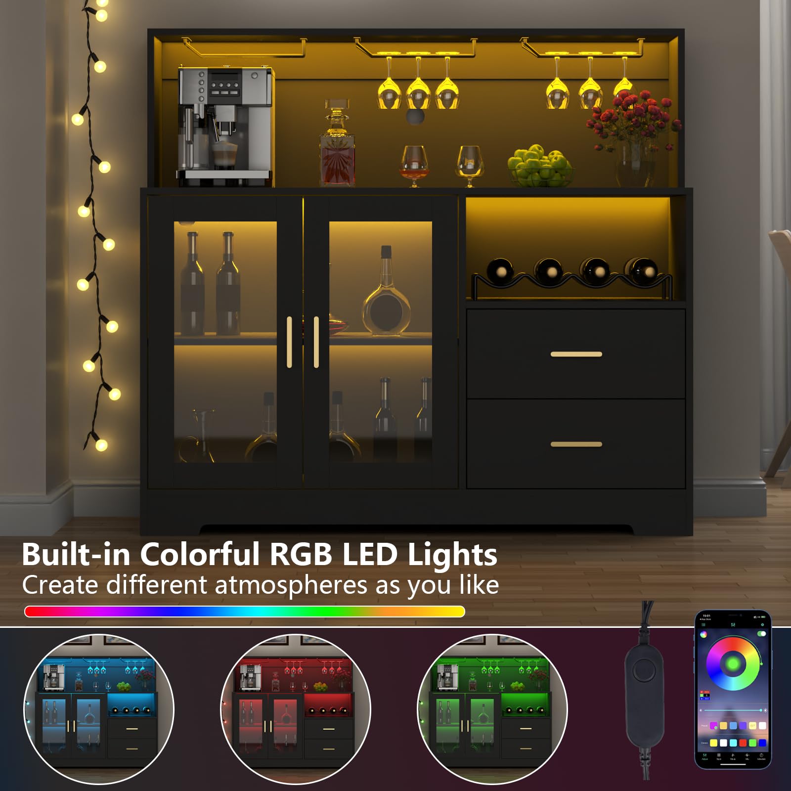 LED Bar Cabinet with Wine Rack Storage