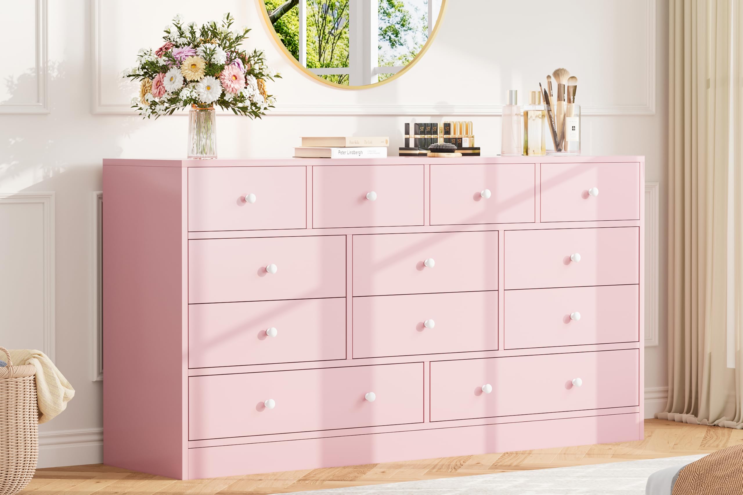 12 Drawer Dresser with Charging Station - 61 Inch Pink TV Stand