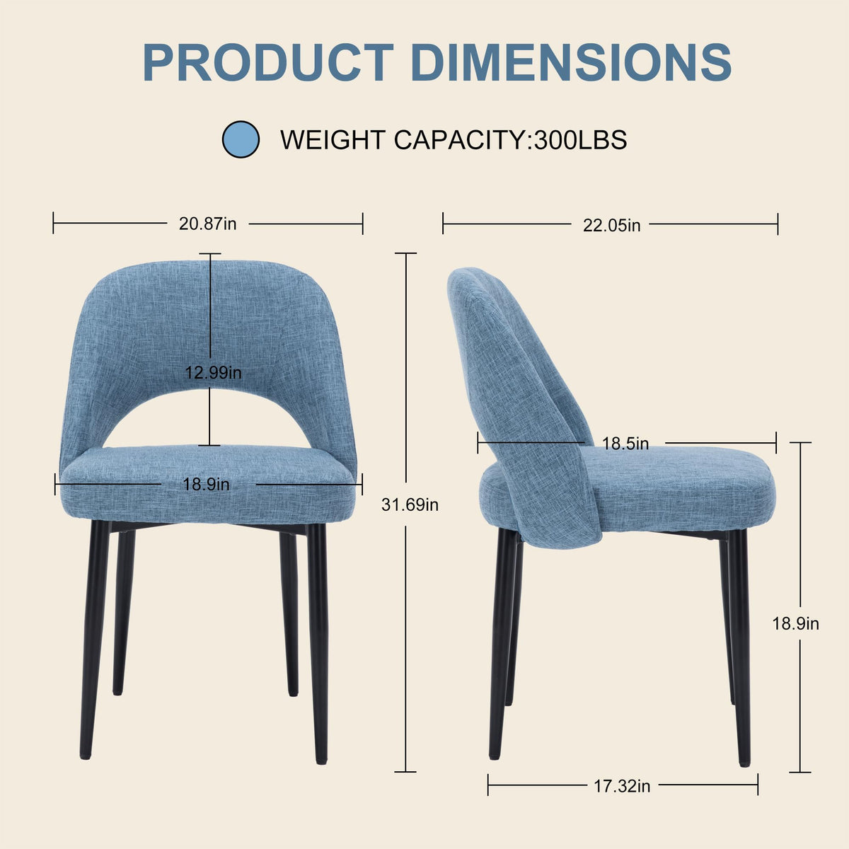 Modern Fabric Dining Chairs Set of 4 - Blue Upholstered Kitchen Chairs
