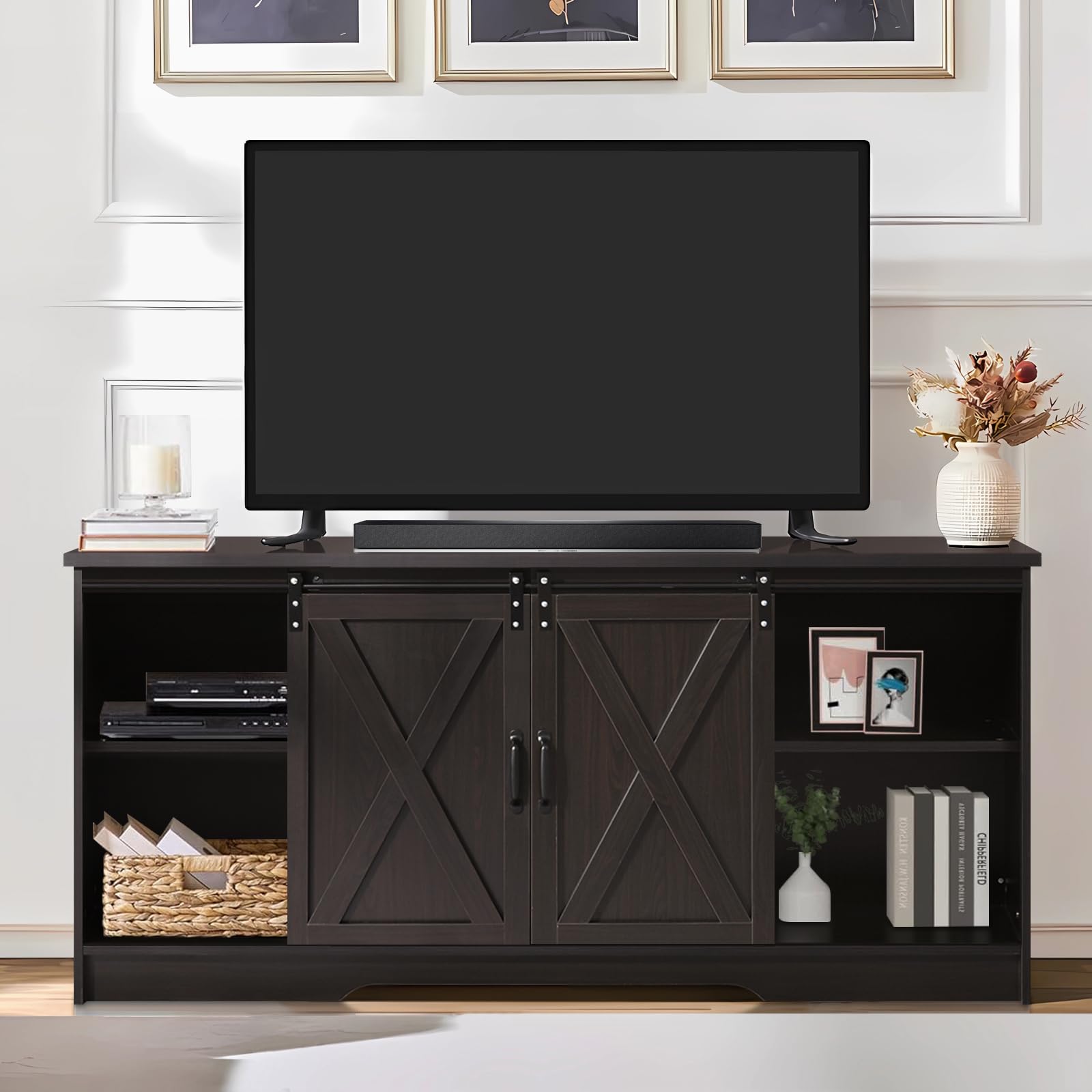 65 Inch TV Stand with Sliding Barn Doors and Storage Cabinets