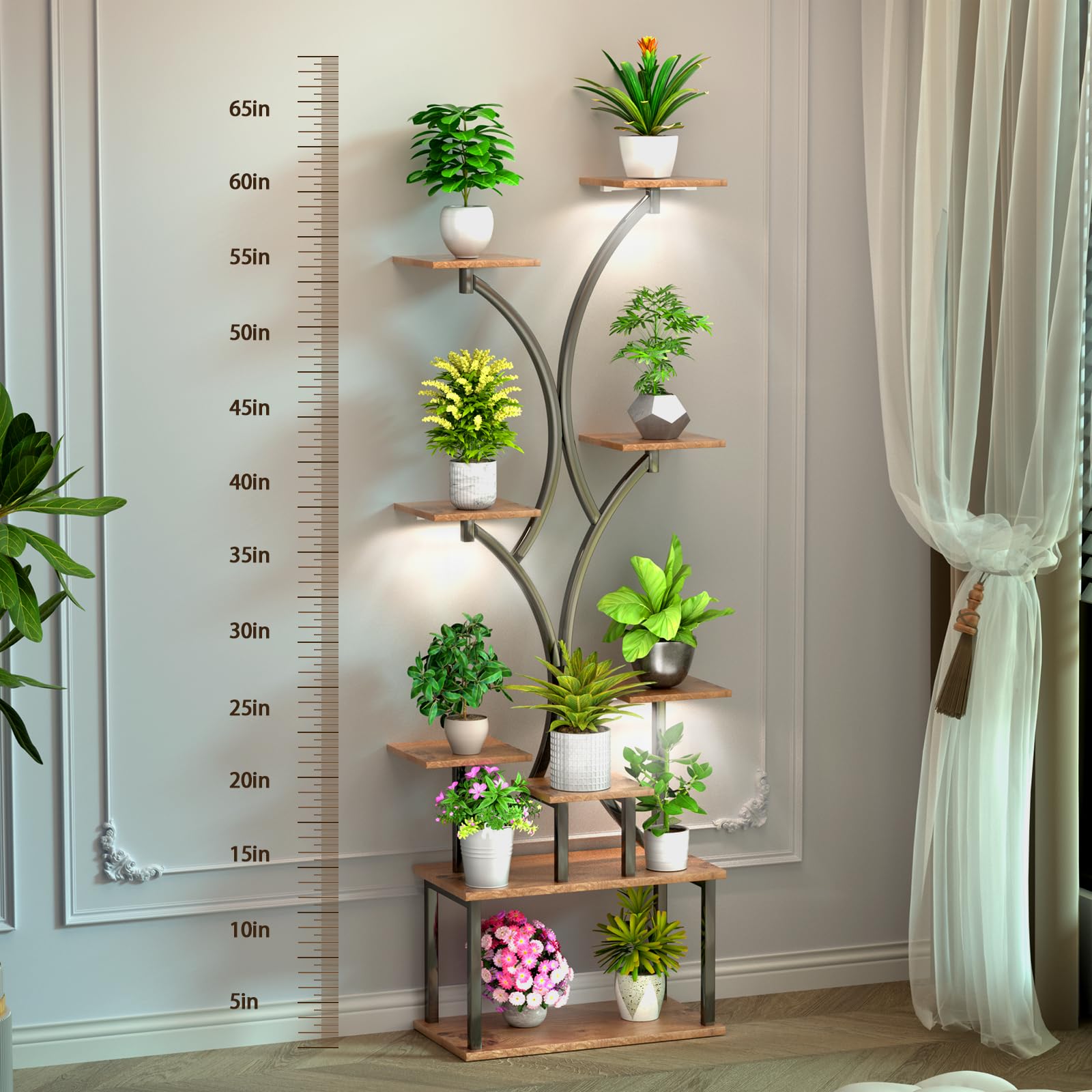 65 Inch Plant Stand with Grow Lights - 9 Tier Metal Indoor Plant Shelf