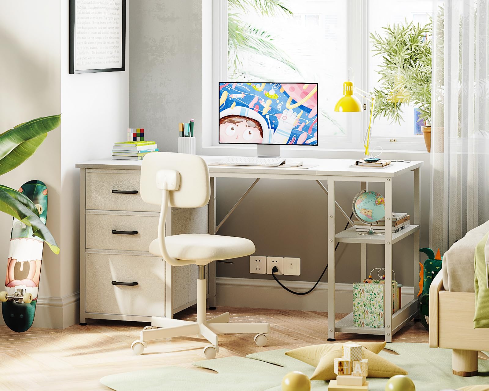 51 Inch Computer Desk with File Drawers and USB Power Outlets