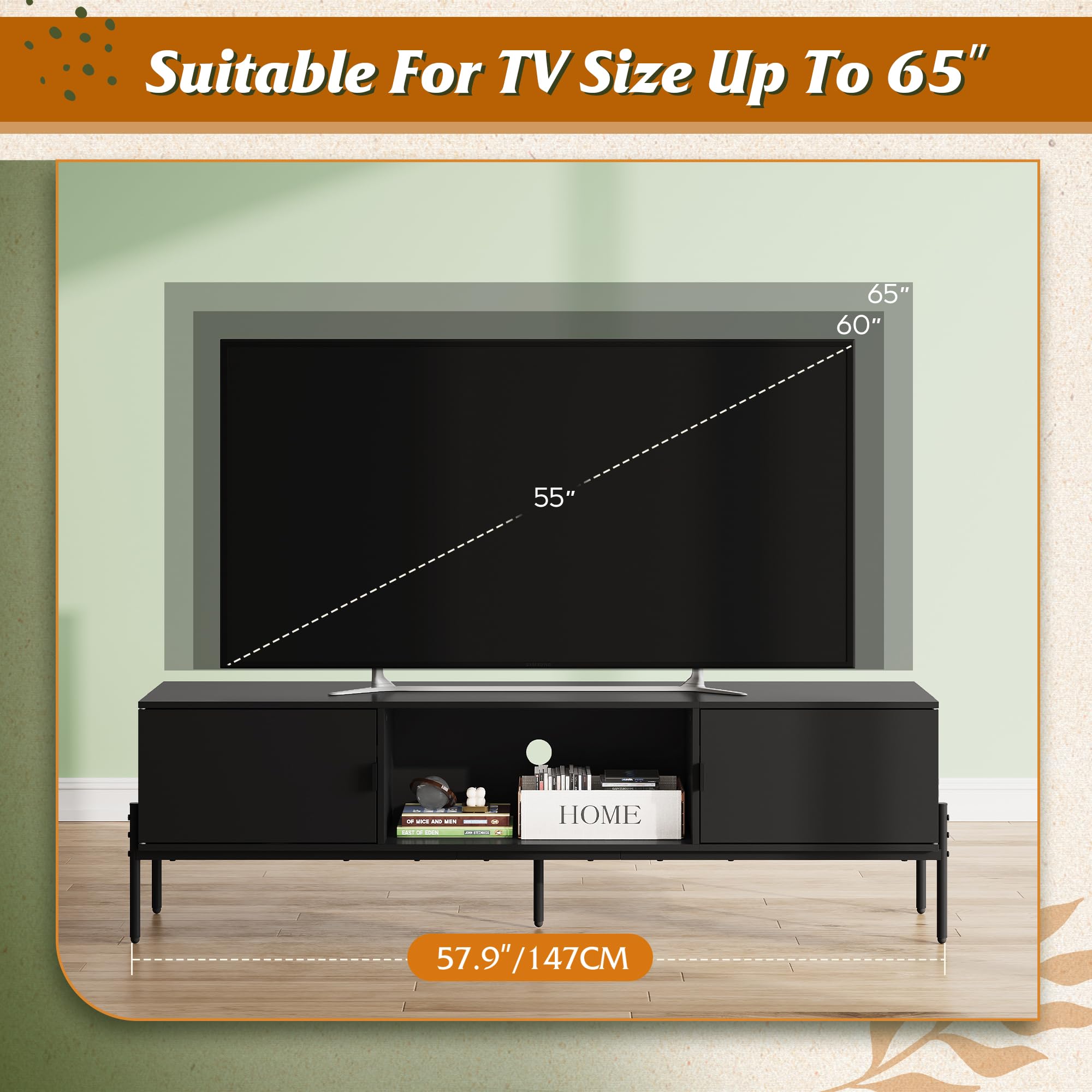 Mid-Century Modern TV Stand for 55-65 Inch TV with Storage Cabinets