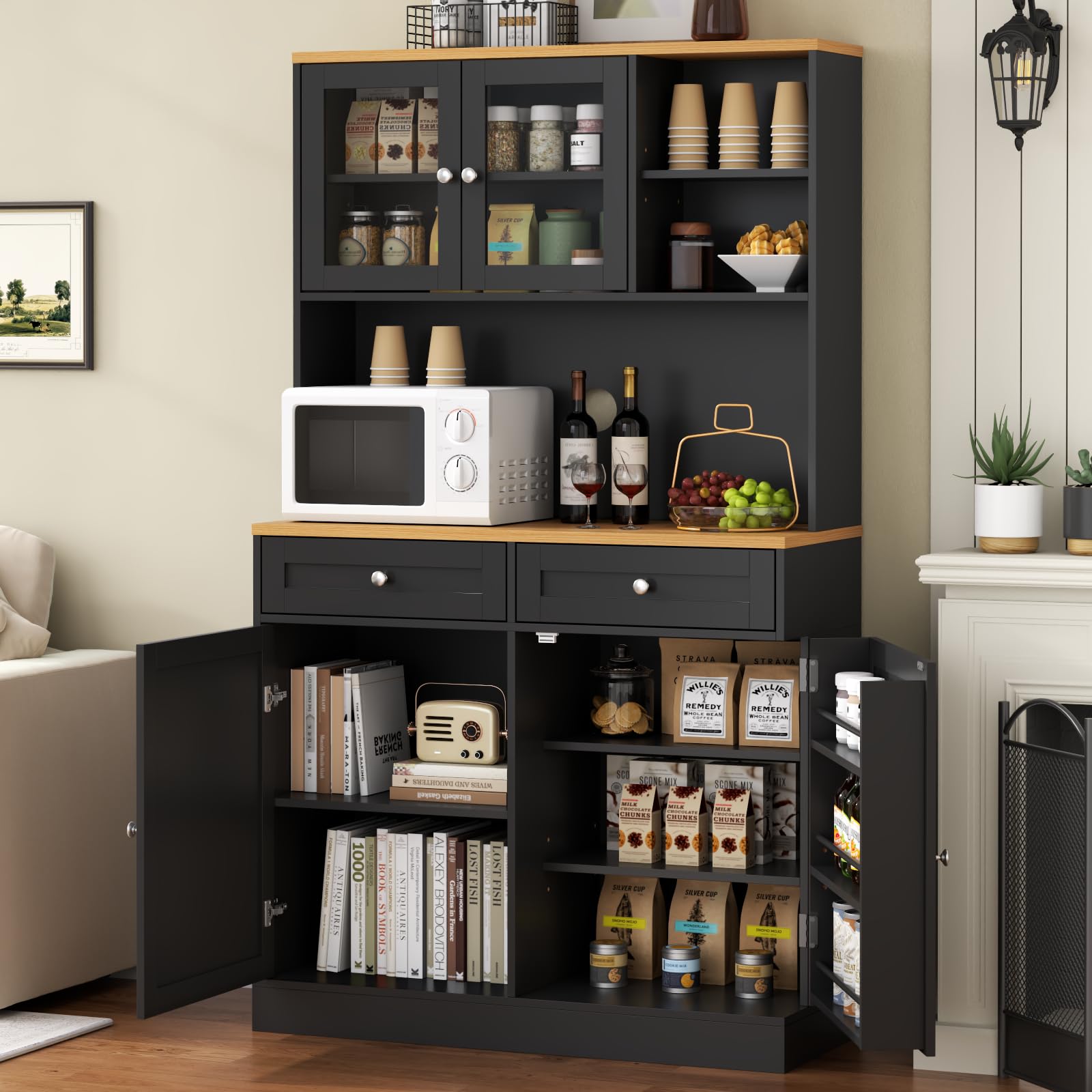 Kitchen Pantry Cabinet with Glass Doors