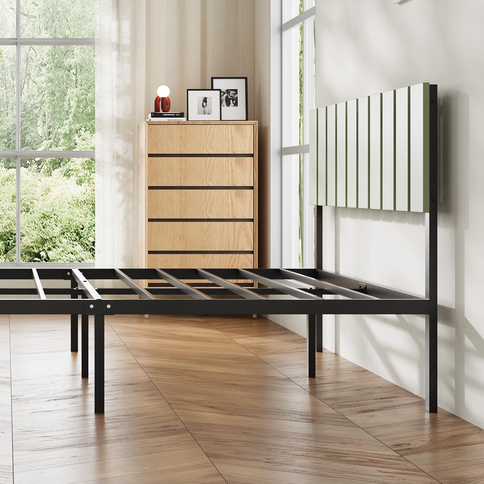 Full Size Bed Frame with Wooden Slatted Headboard