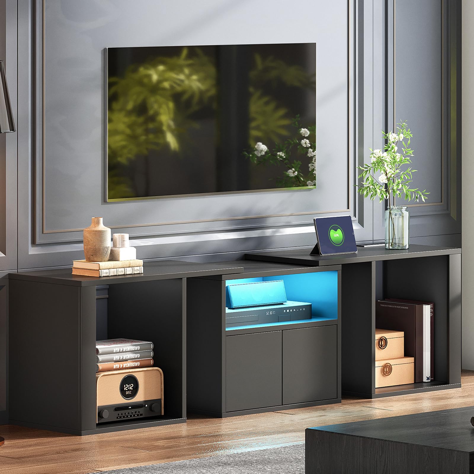 YATINEY TV Stand with Power Outlet and LED Light, Free-Combination TV Media Stand for 65 inch TV, Modern Entertainment Center for Living Room Storage, Black DS09UDBB