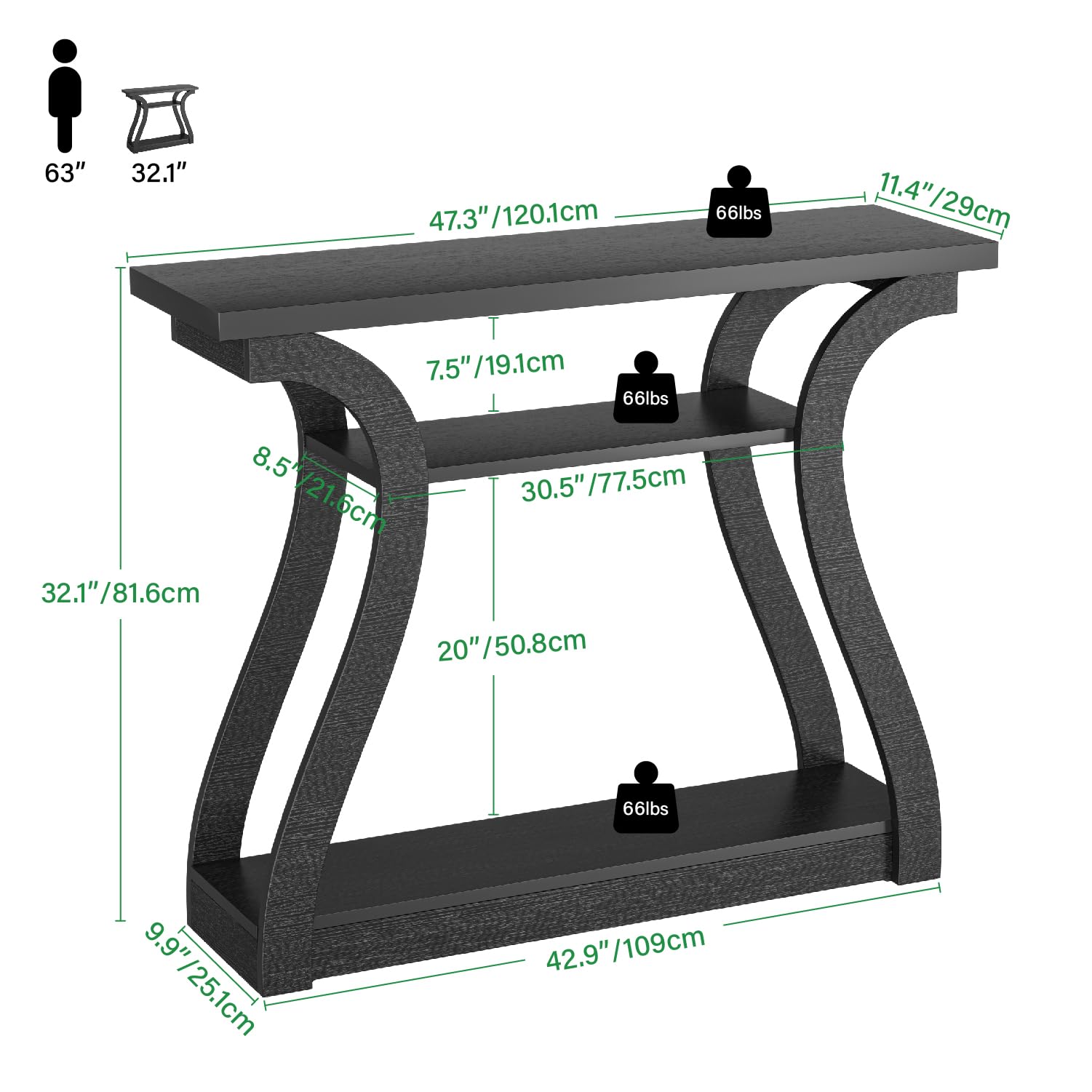 Wooden Console Table with Curved Legs - 3-Tier Modern Accent Sofa Table