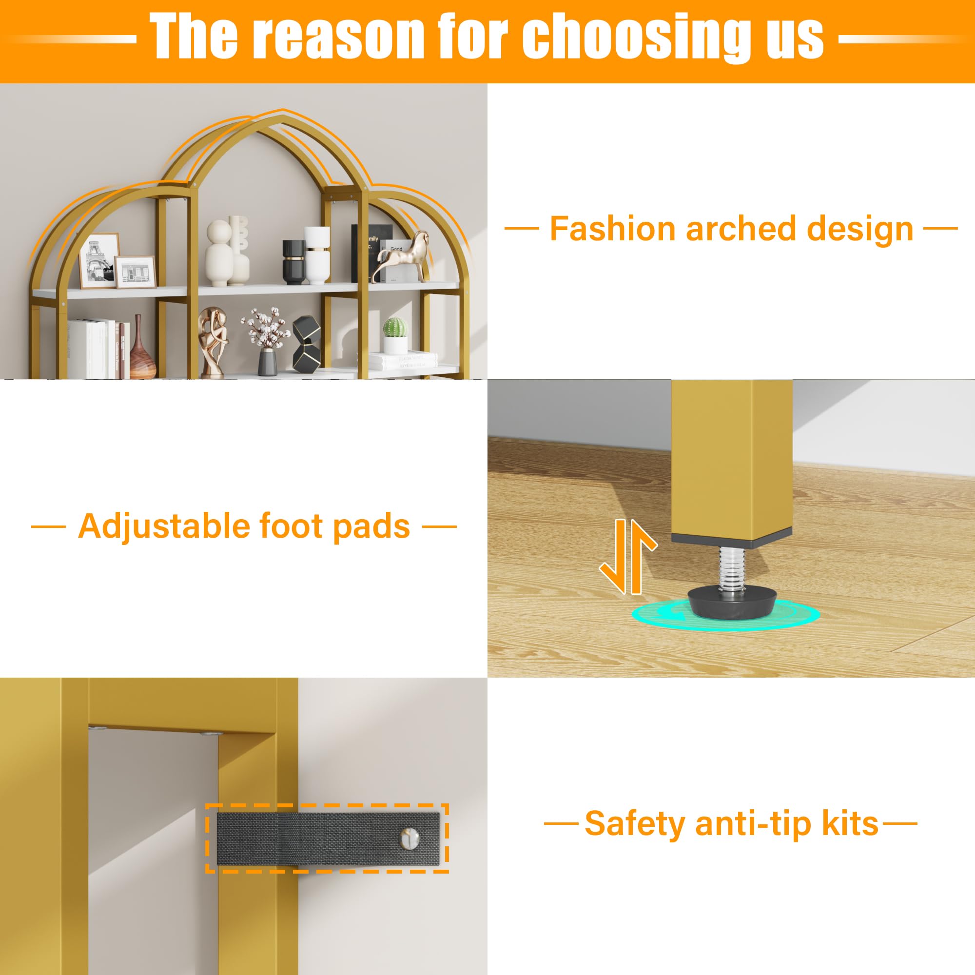 Arched Bookshelf with Cabinets 5 Tier