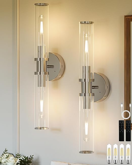 Battery Operated Wall Sconce Set with Remote Control - Dimmable Rechargeable LED Wall Lights