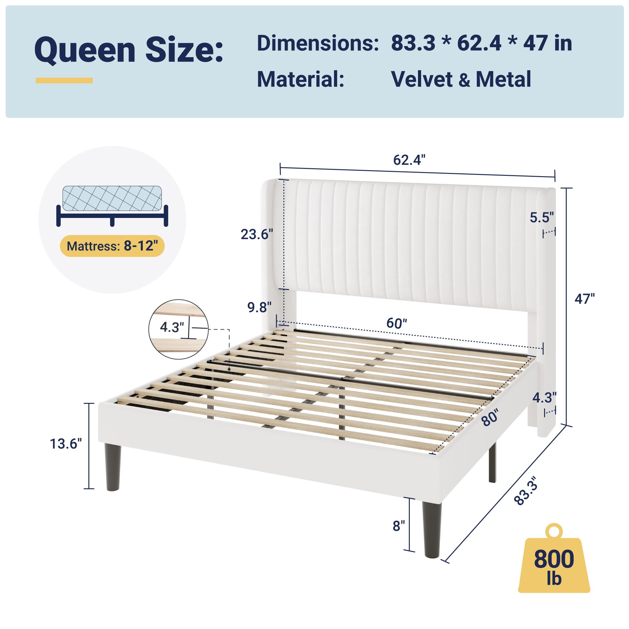 Queen Size Velvet Platform Bed Frame with Tufted Wingback Headboard