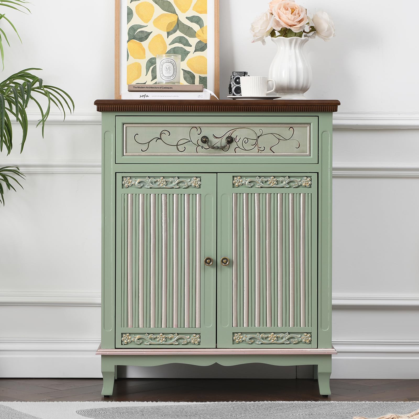 Vintage Green Accent Cabinet with Textured Doors