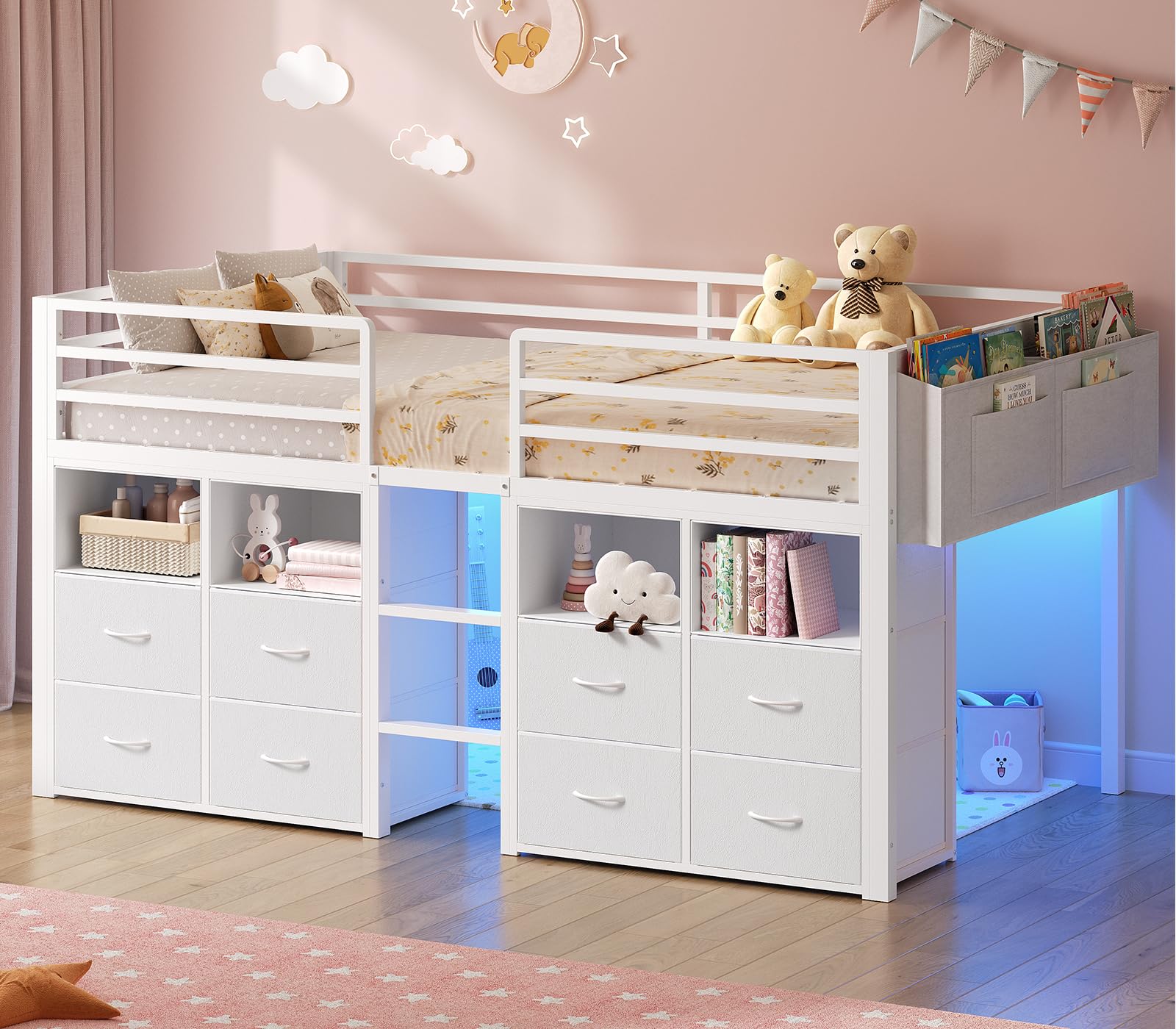 Low Loft Twin Bed with 8 Storage Drawers and LED Lights