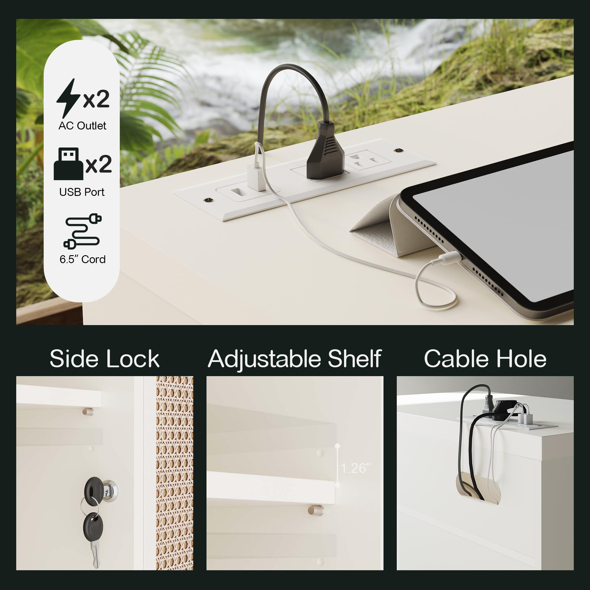 2 Drawer Rattan Lateral File Cabinet with Lock and Power Strip