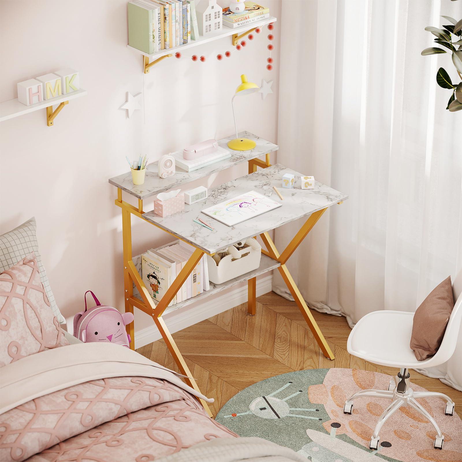 Small Desk with Storage and Monitor Stand