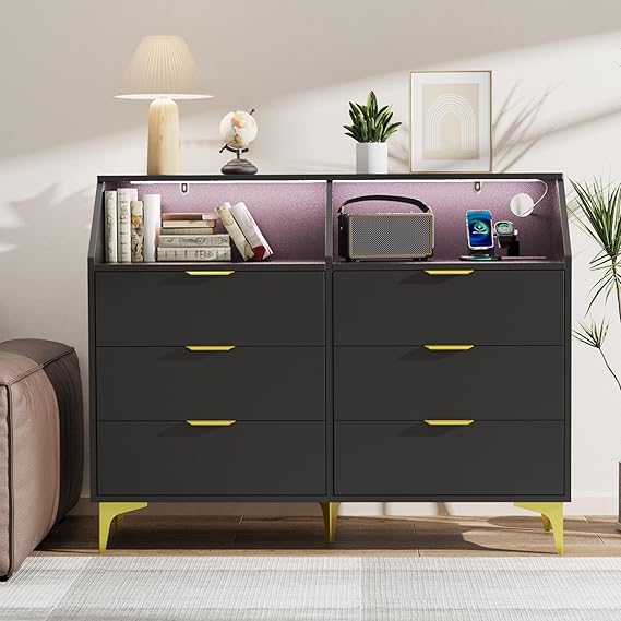 6 Drawer Dresser with LED Light and Charging Station