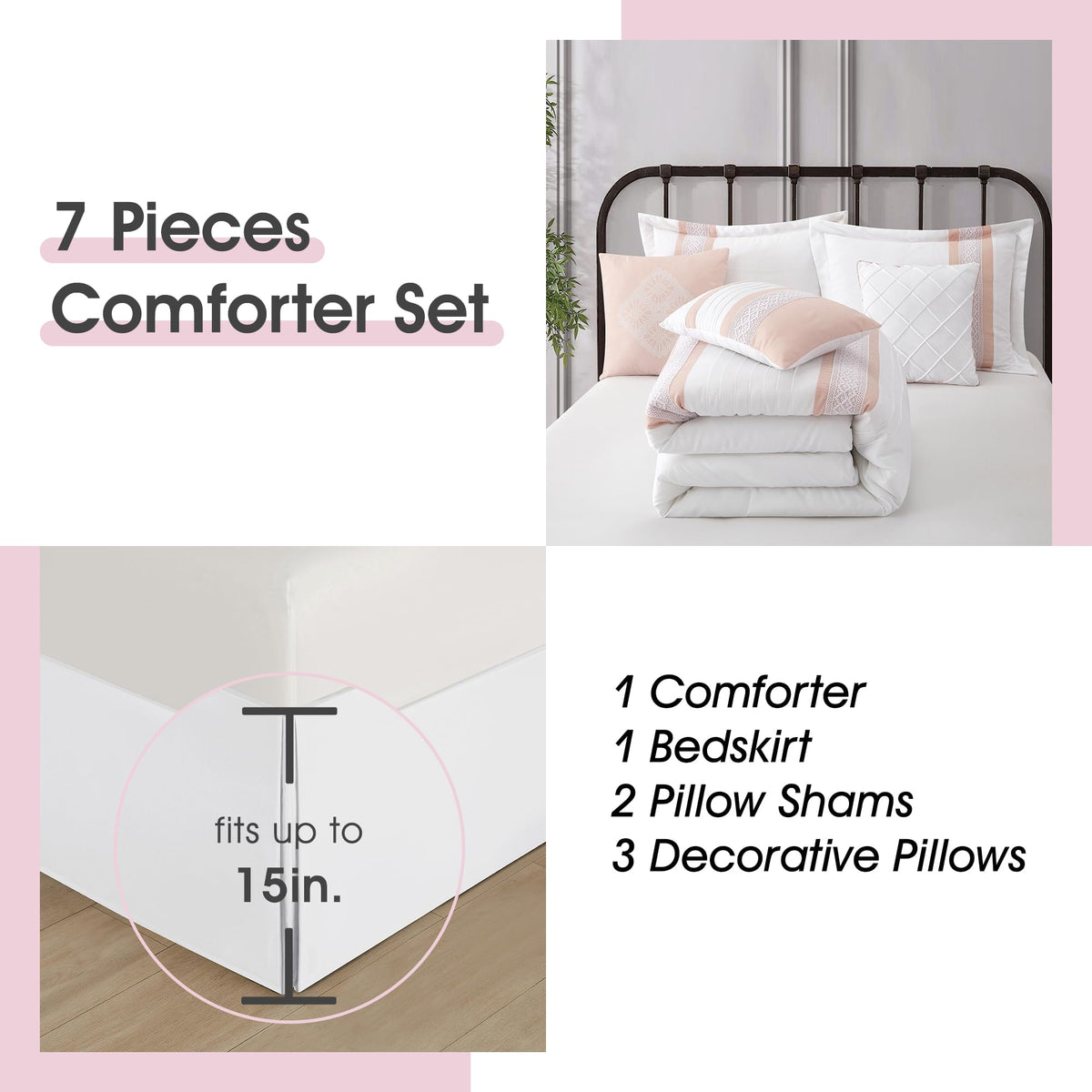 7 Piece Comforter Set - Pink White King Size Boho Geometric
