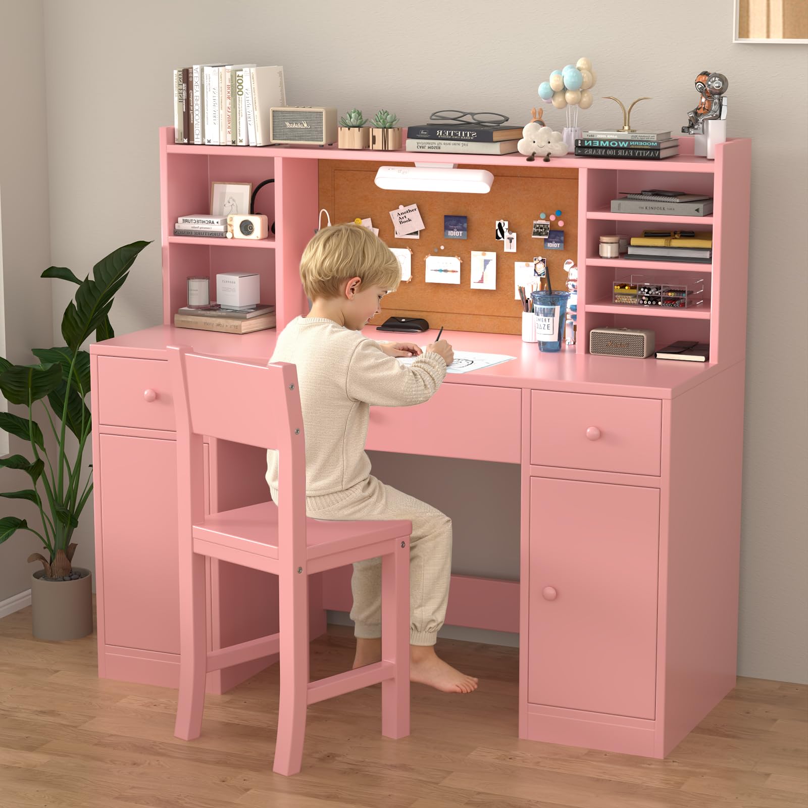 Pink Wooden Kids Study Desk and Chair Set