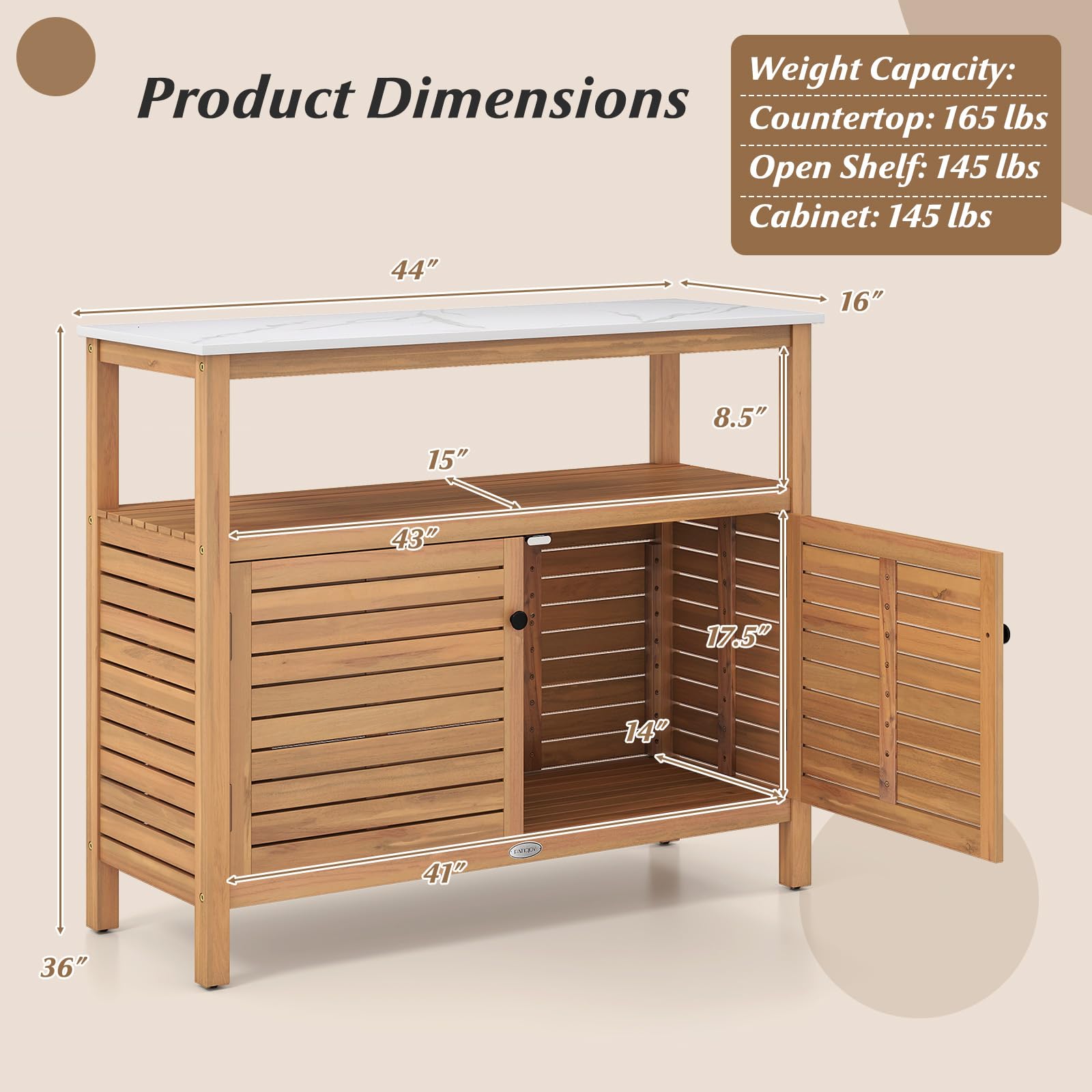 Acacia Wood Patio Storage Cabinet with Marble-Like Countertop