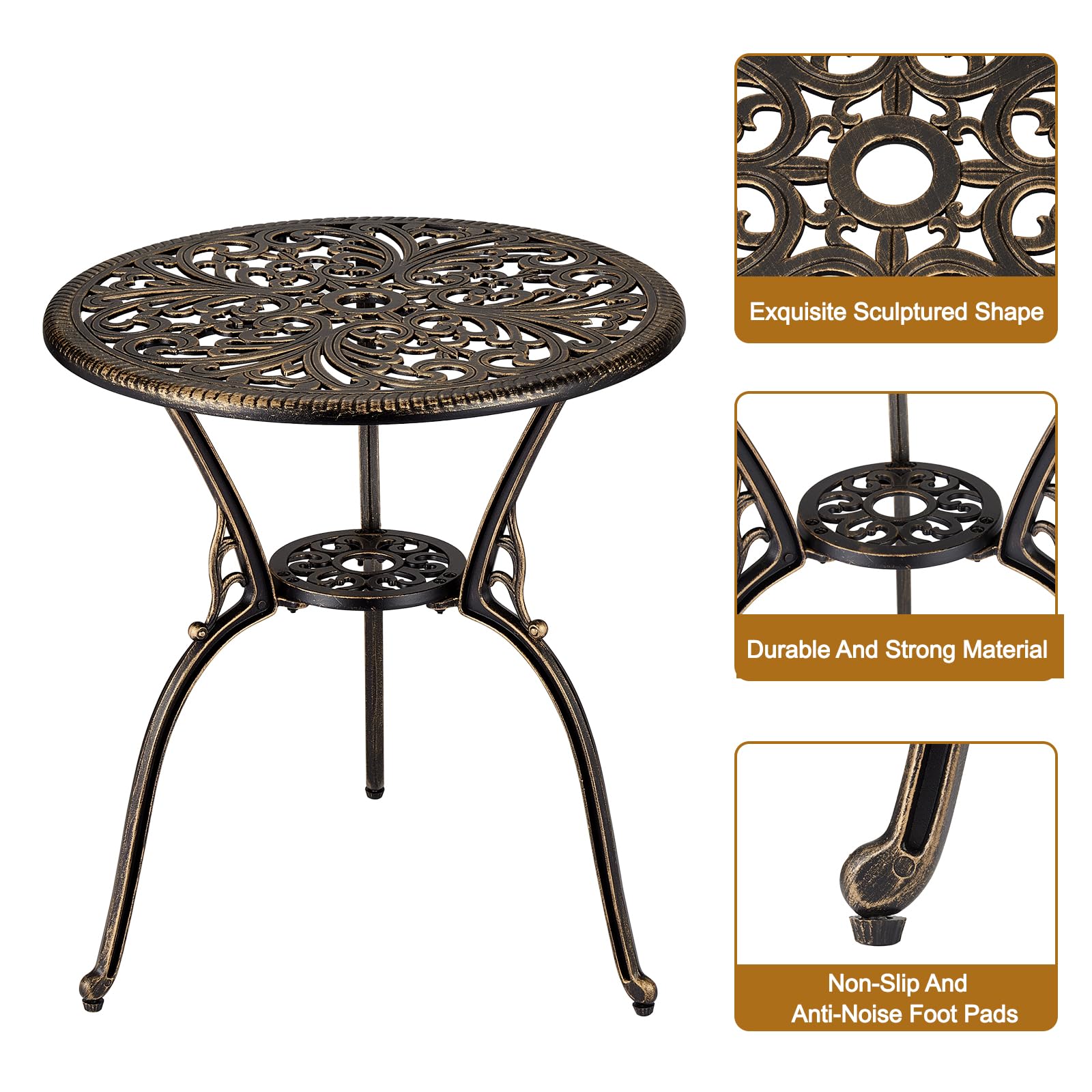 ELETHEBIA 3 Piece Bistro Set, Outdoor Bistro Table and Chairs Set of 2, Rust-Resistant Cast Aluminum All Weather Patio Outdoor Bistro Set with Umbrella Hole for Backyard, Balcony, Front Porch, Brown