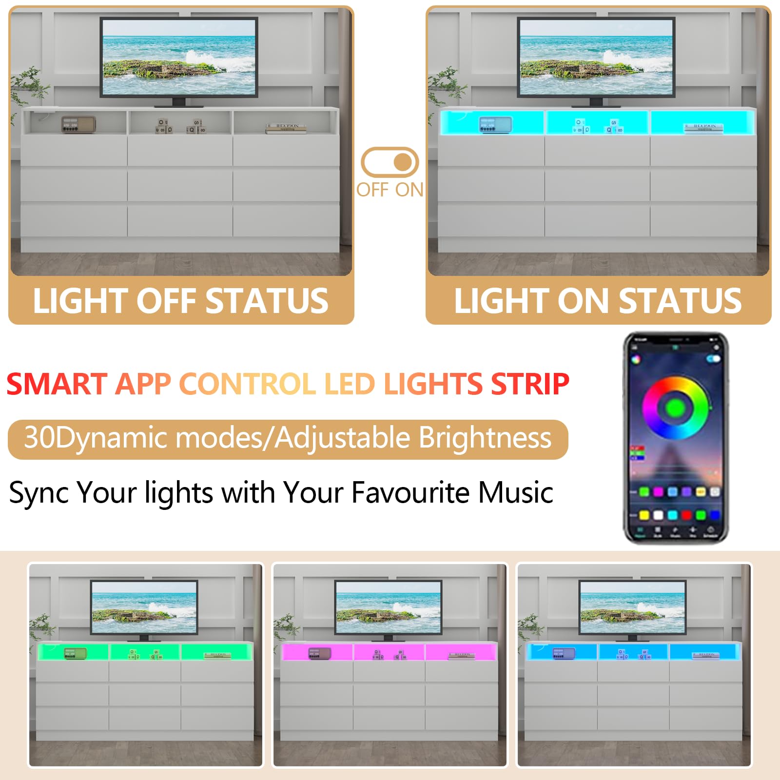 9 Drawer Dresser with Power Outlet and LED Light Strip