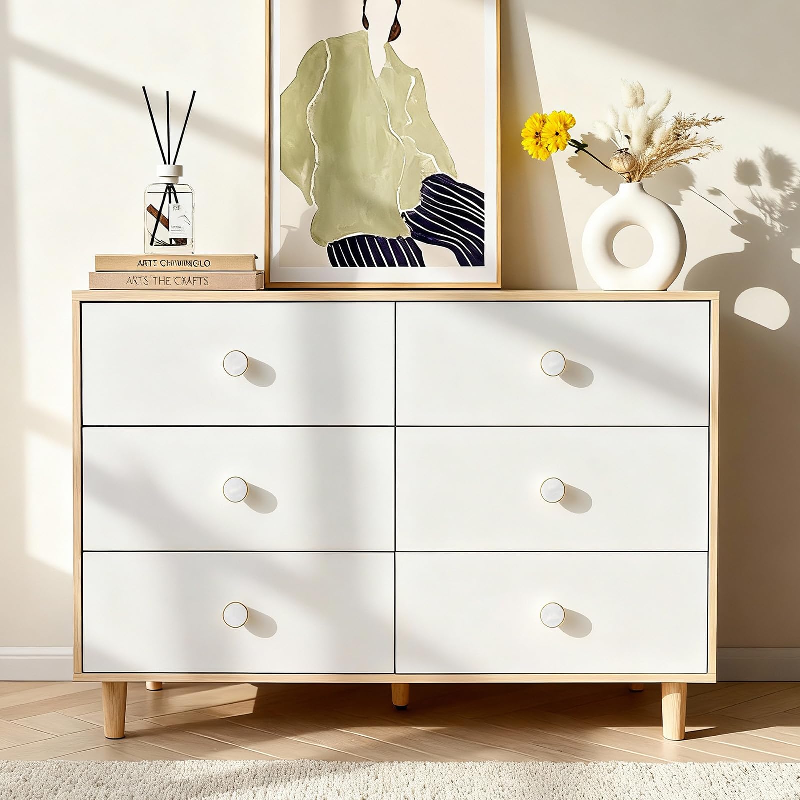 White 6 Drawer Dresser with Solid Wood Legs