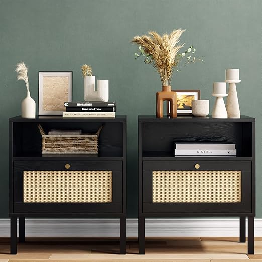 Rattan Nightstands Set of 2 with Door and Open Shelf