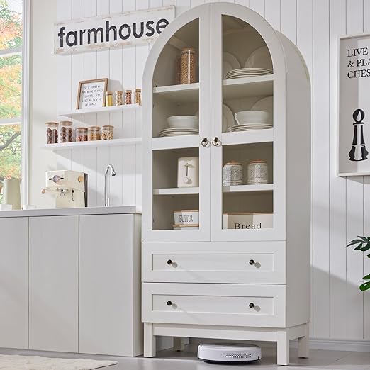 Tall Arched Kitchen Pantry Cabinet with Drawers