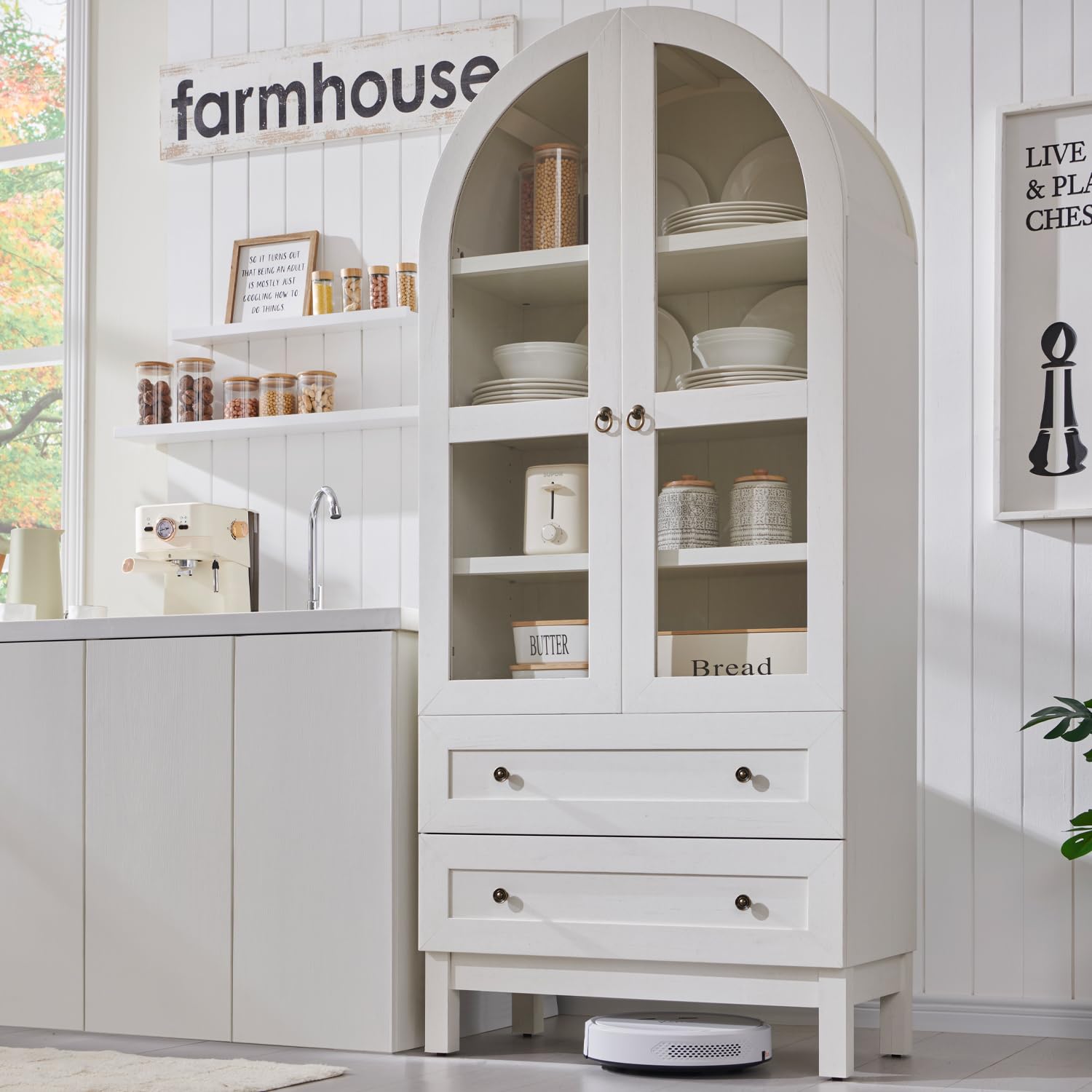 Tall Arched Kitchen Pantry Cabinet with Glass Doors