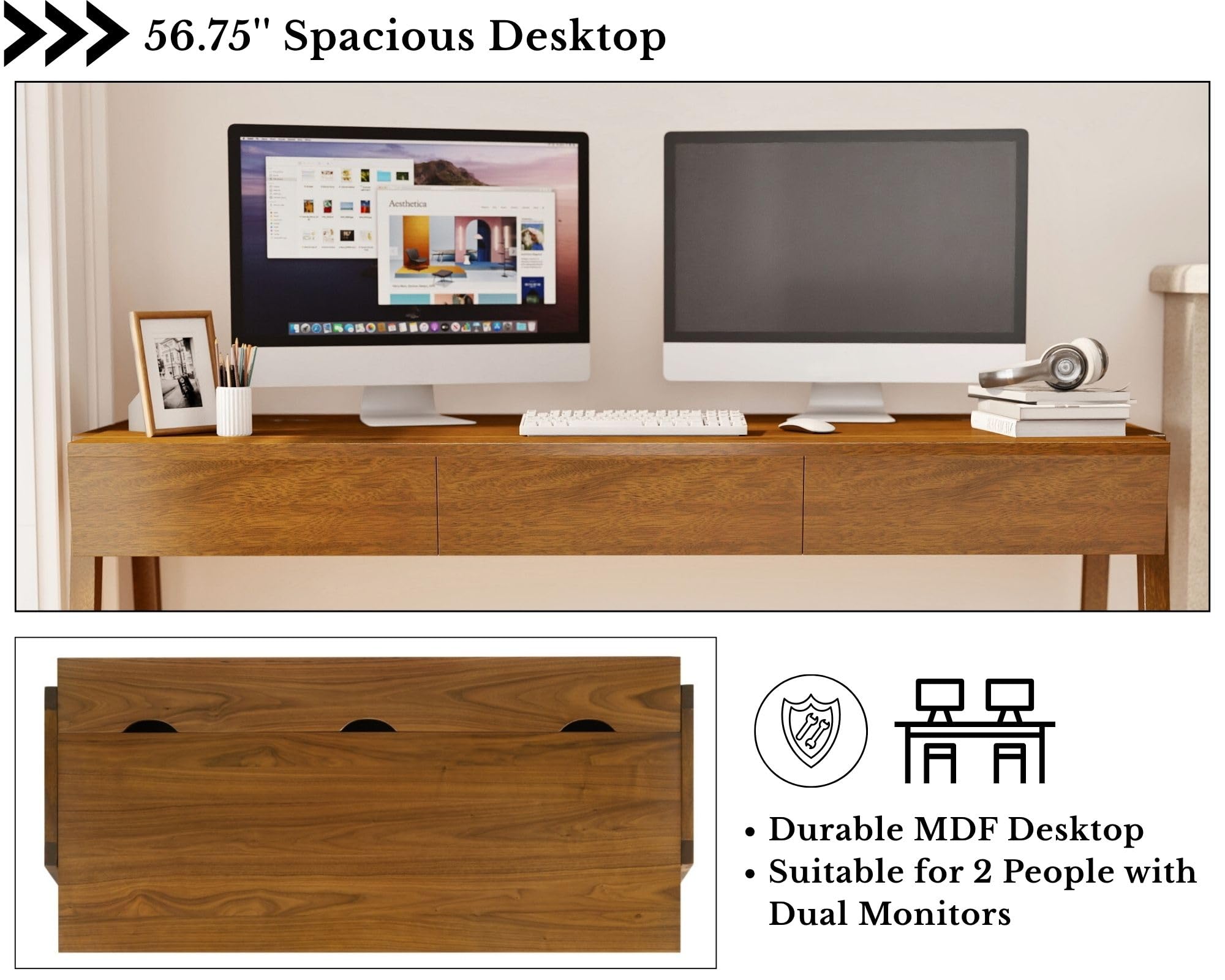59-Inch Walnut Writing Desk with 3 Drawers