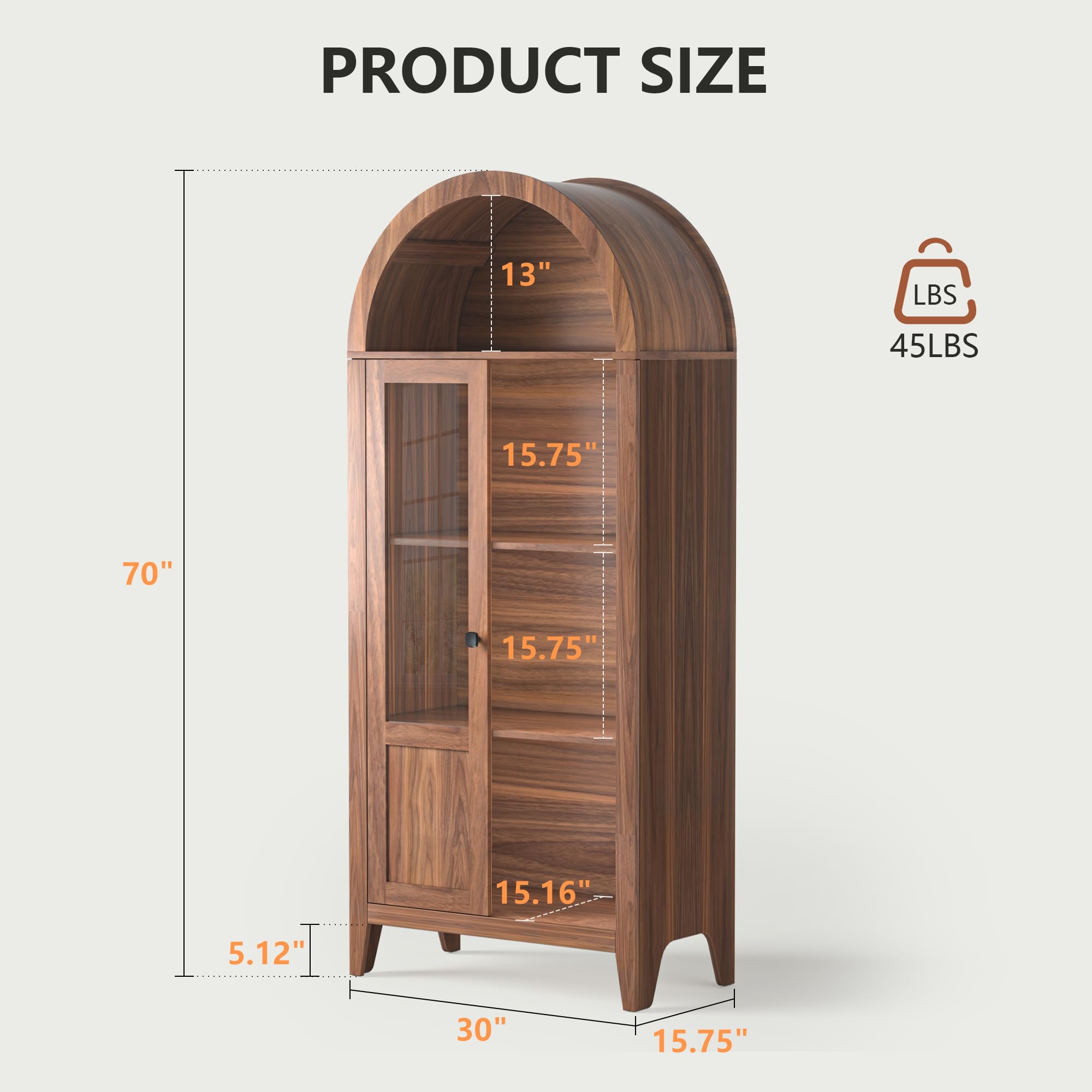 70" Arched Kitchen Pantry Cabinet with Glass Doors