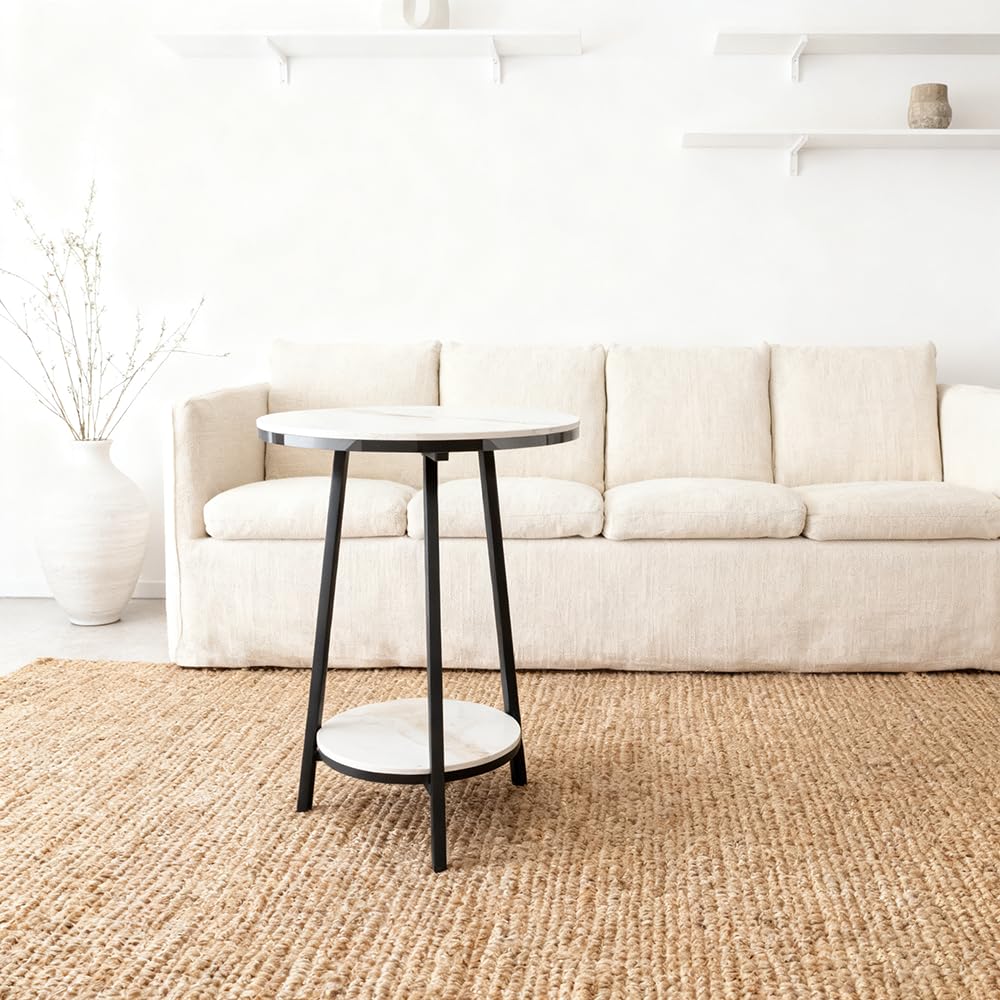 2-Tier Round Marble Side Table - White and Black End Table