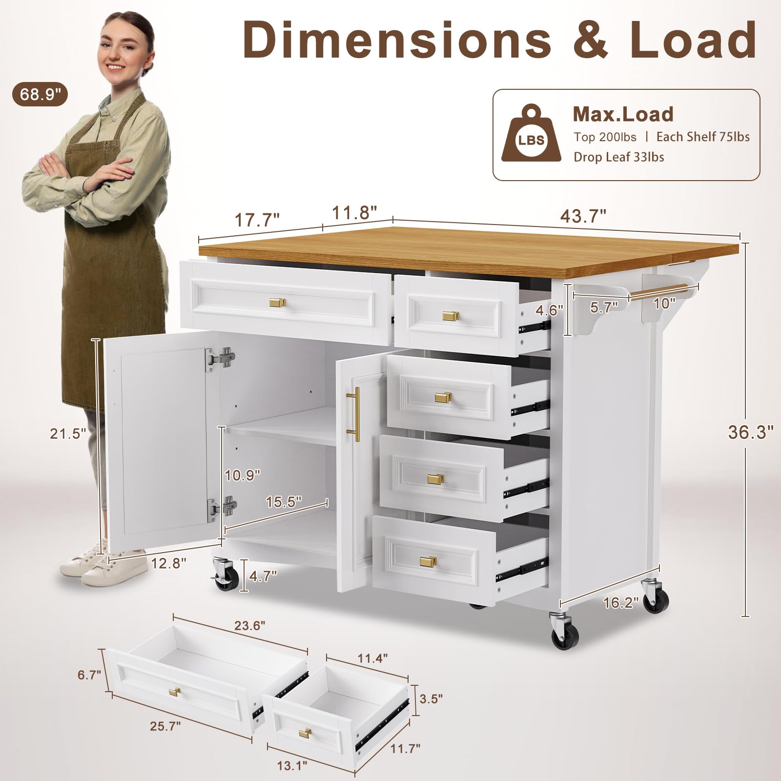 52" Retro Kitchen Island with Storage and Drop Leaf