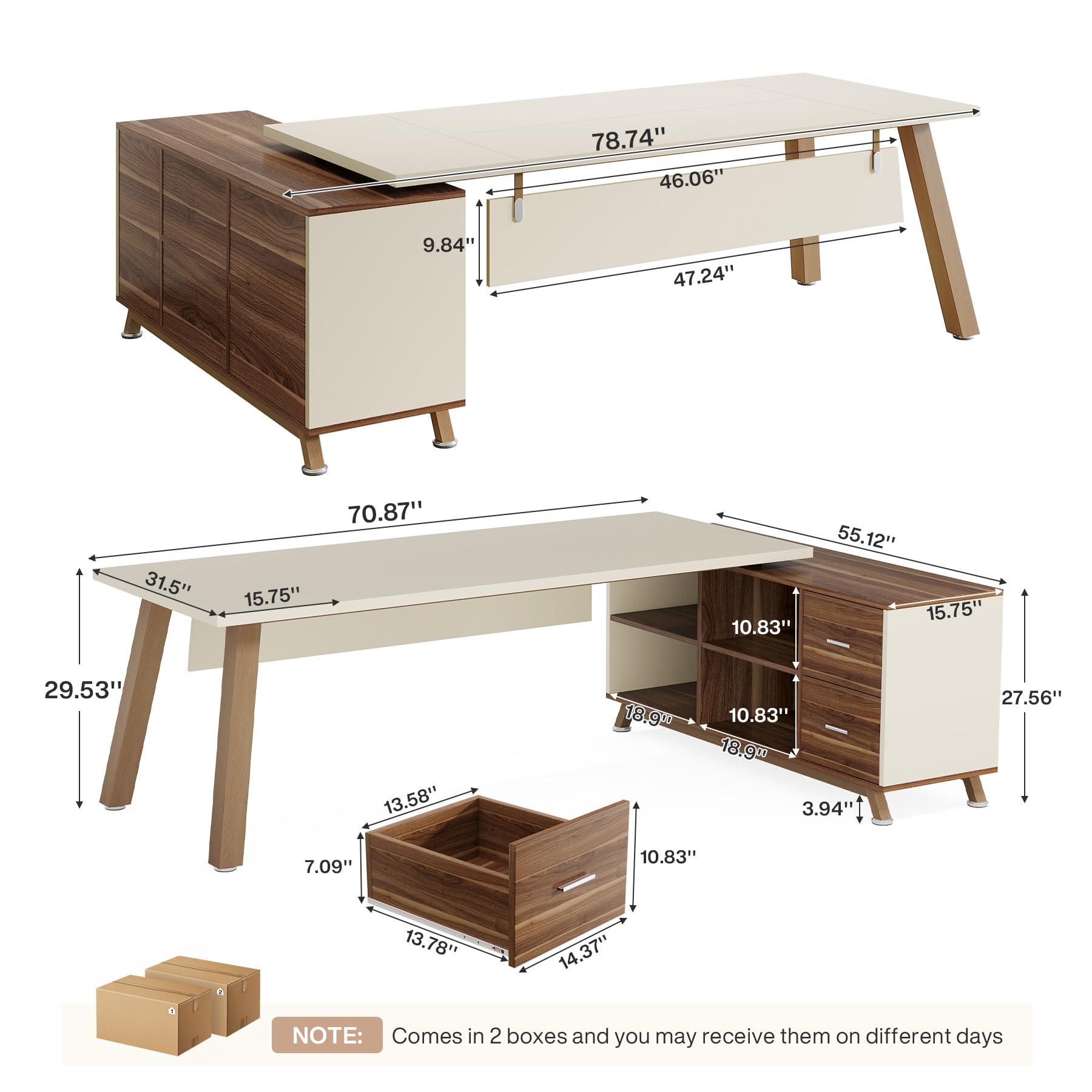 78.7-Inch L-Shaped Executive Desk with Storage Cabinet