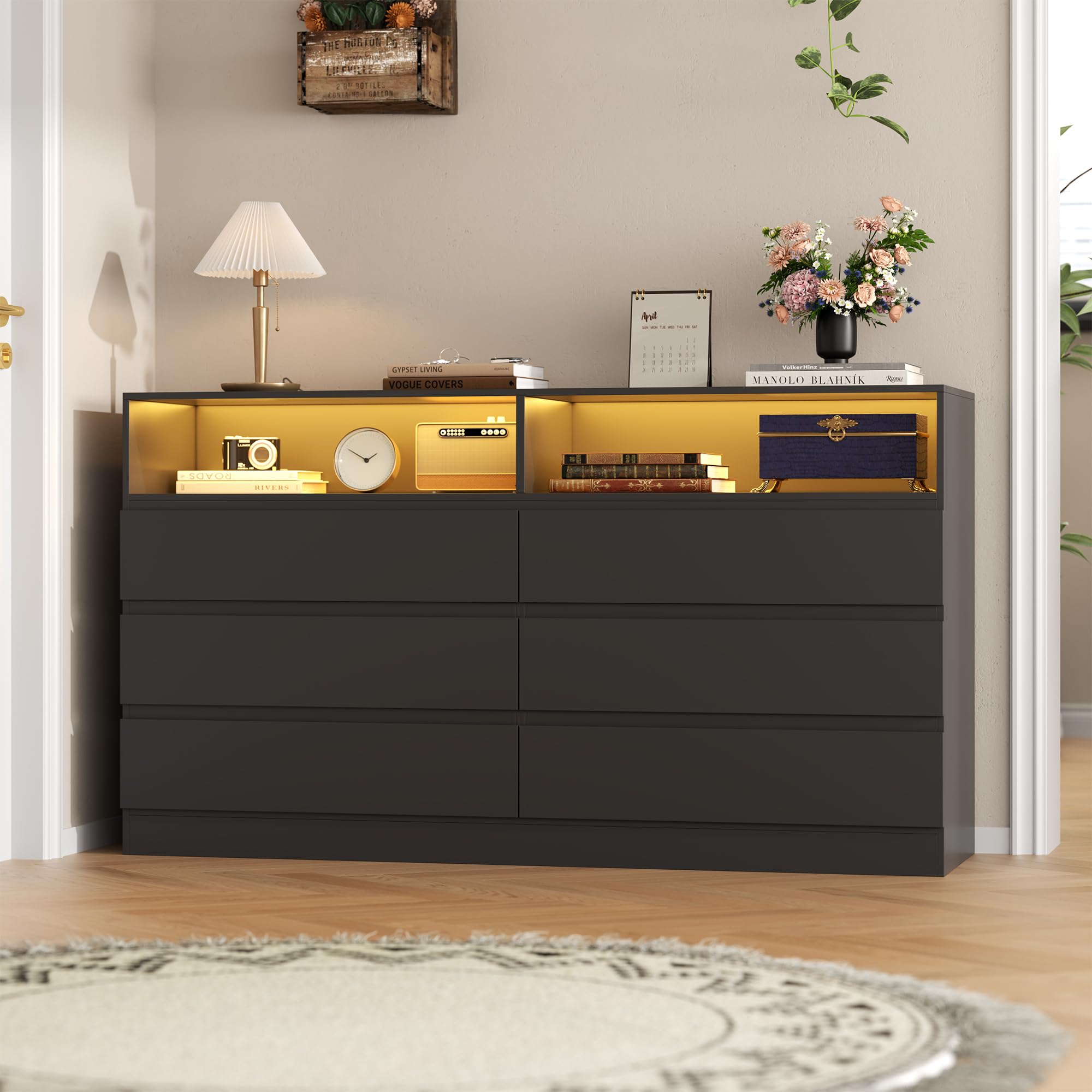 6 Drawer Dresser with Power Outlet and LED Lights