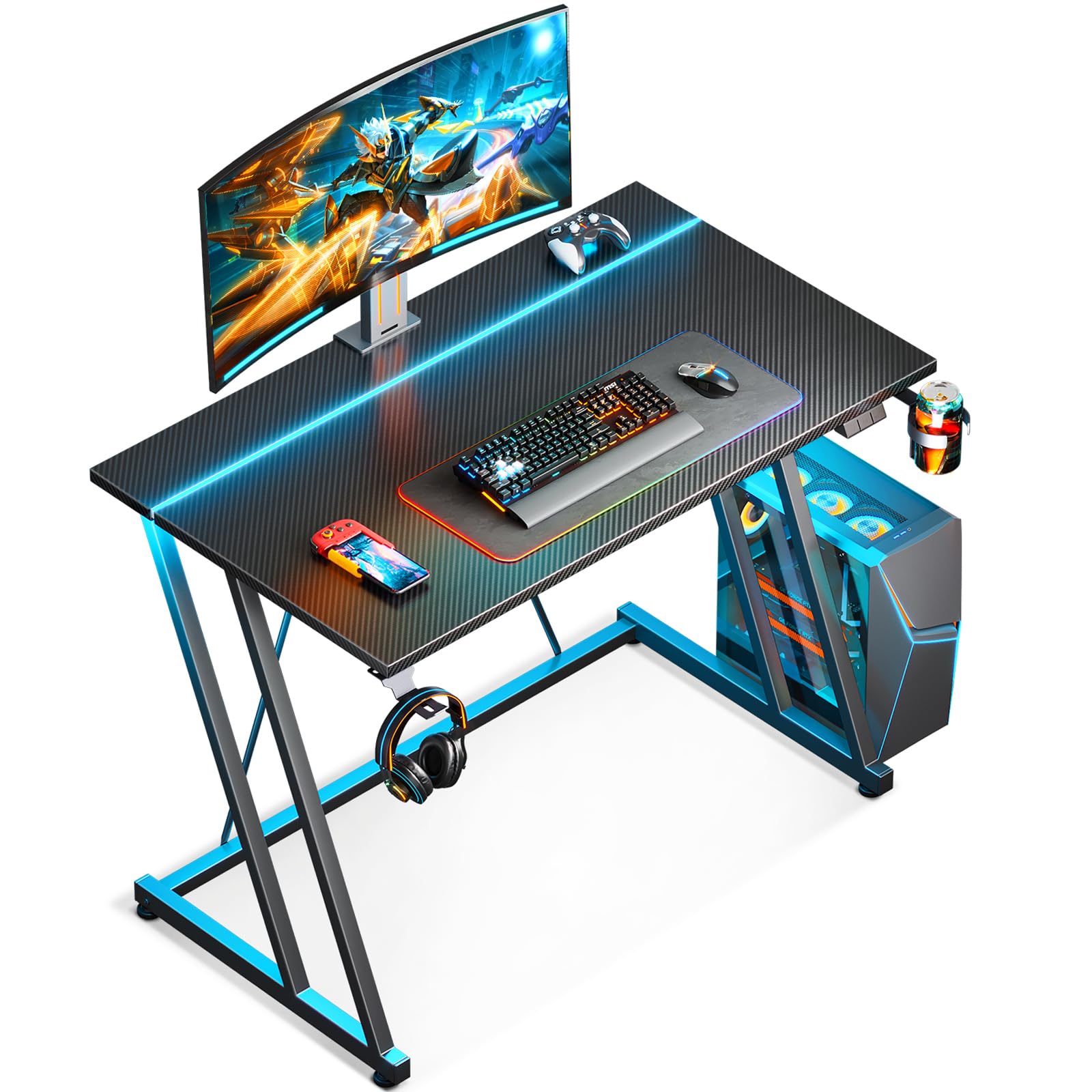 32 Inch Gaming Desk with LED Light and Carbon Fiber Texture